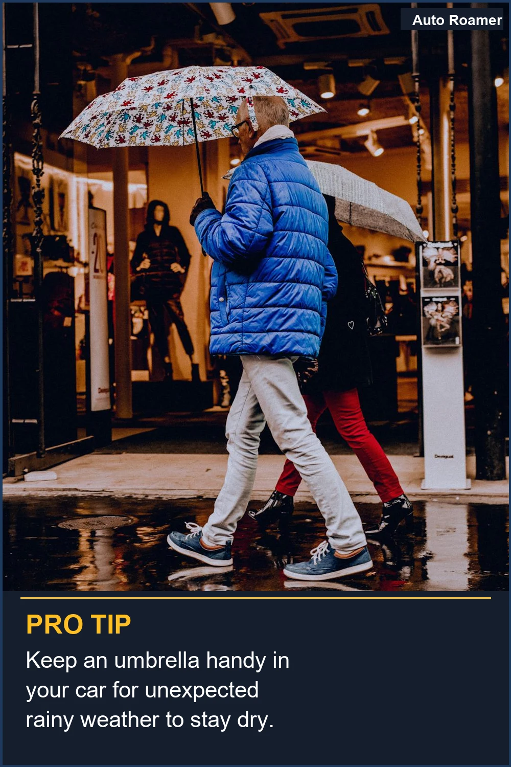 Keep an umbrella handy in your car for unexpected rainy weather to stay dry.