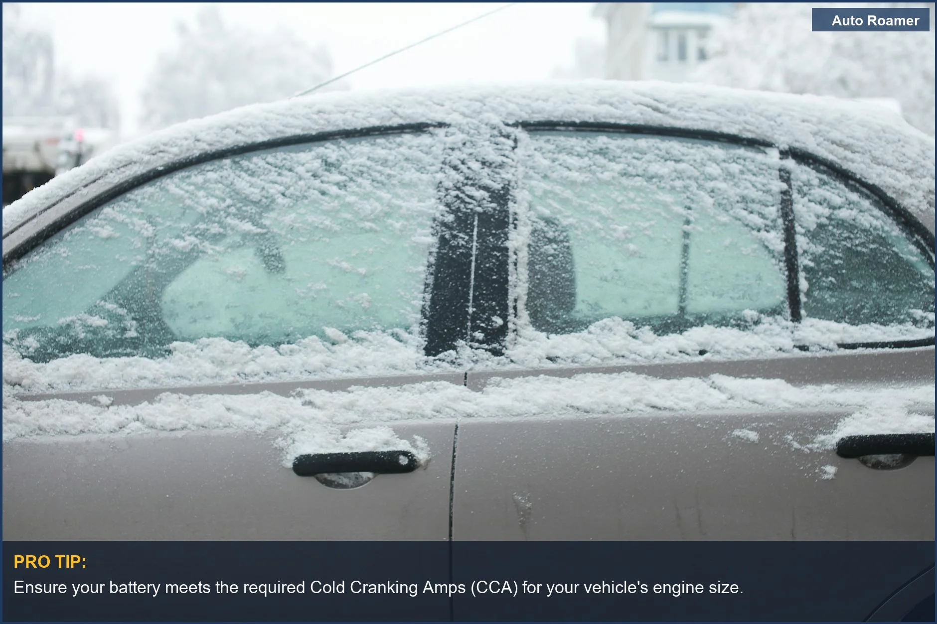 Frosted car windows on a snow-covered vehicle, showing the impact of winter on car battery performance.
