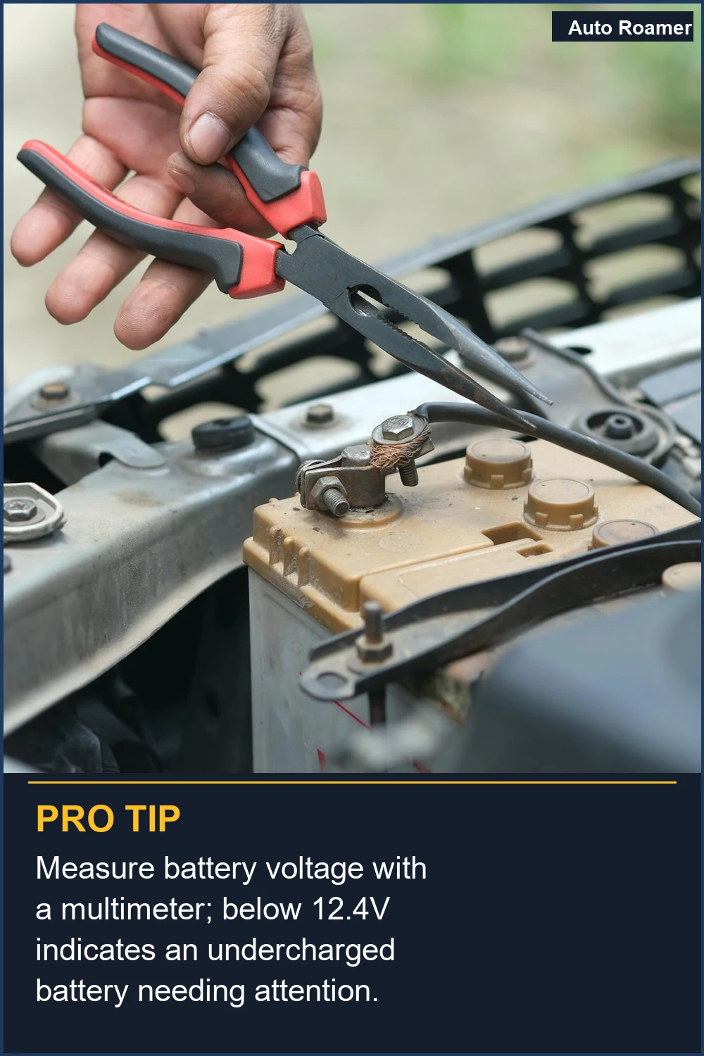 Measure battery voltage with a multimeter; below 12.4V indicates an undercharged battery needing attention.
