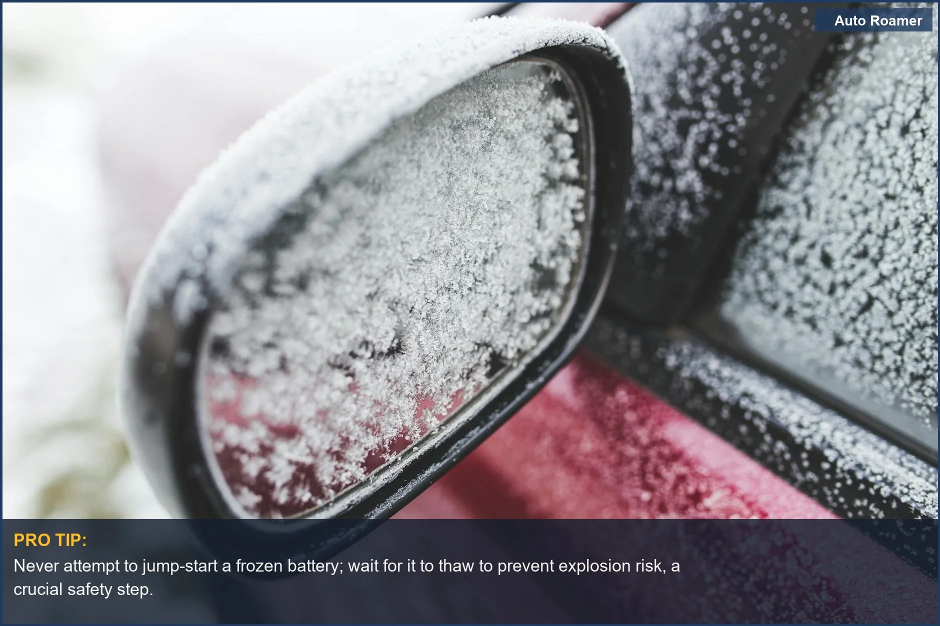 Close-up of a car side mirror covered in frost, emphasizing battery failure in cold.