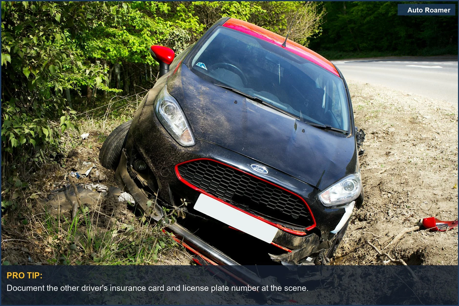 Damaged black Ford car in a roadside ditch, showing the aftermath of an accident where insurance rates might rise.