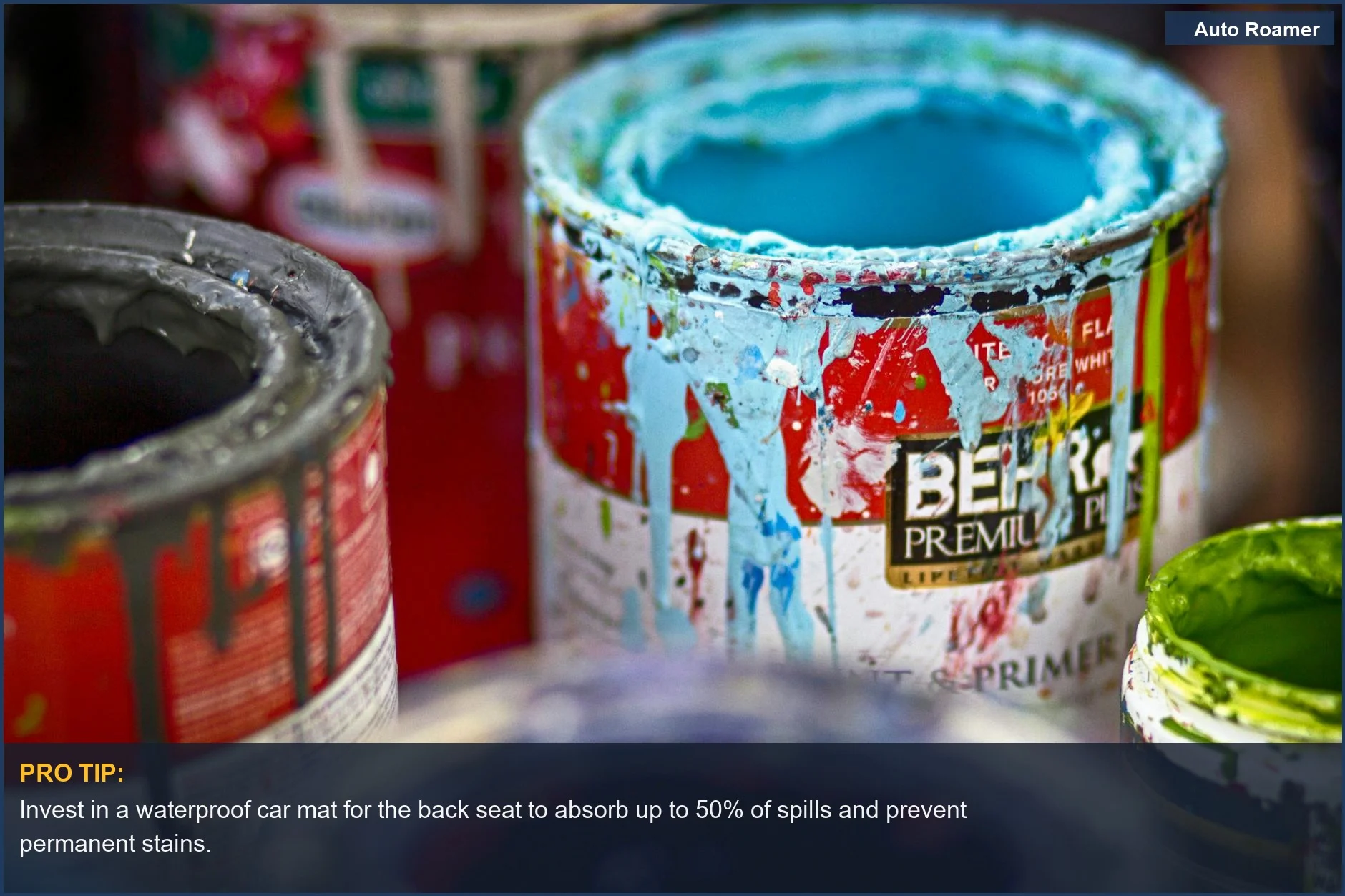 Close-up of vibrant, messy paint splatters, symbolizing the overwhelming kids car mess and spills.