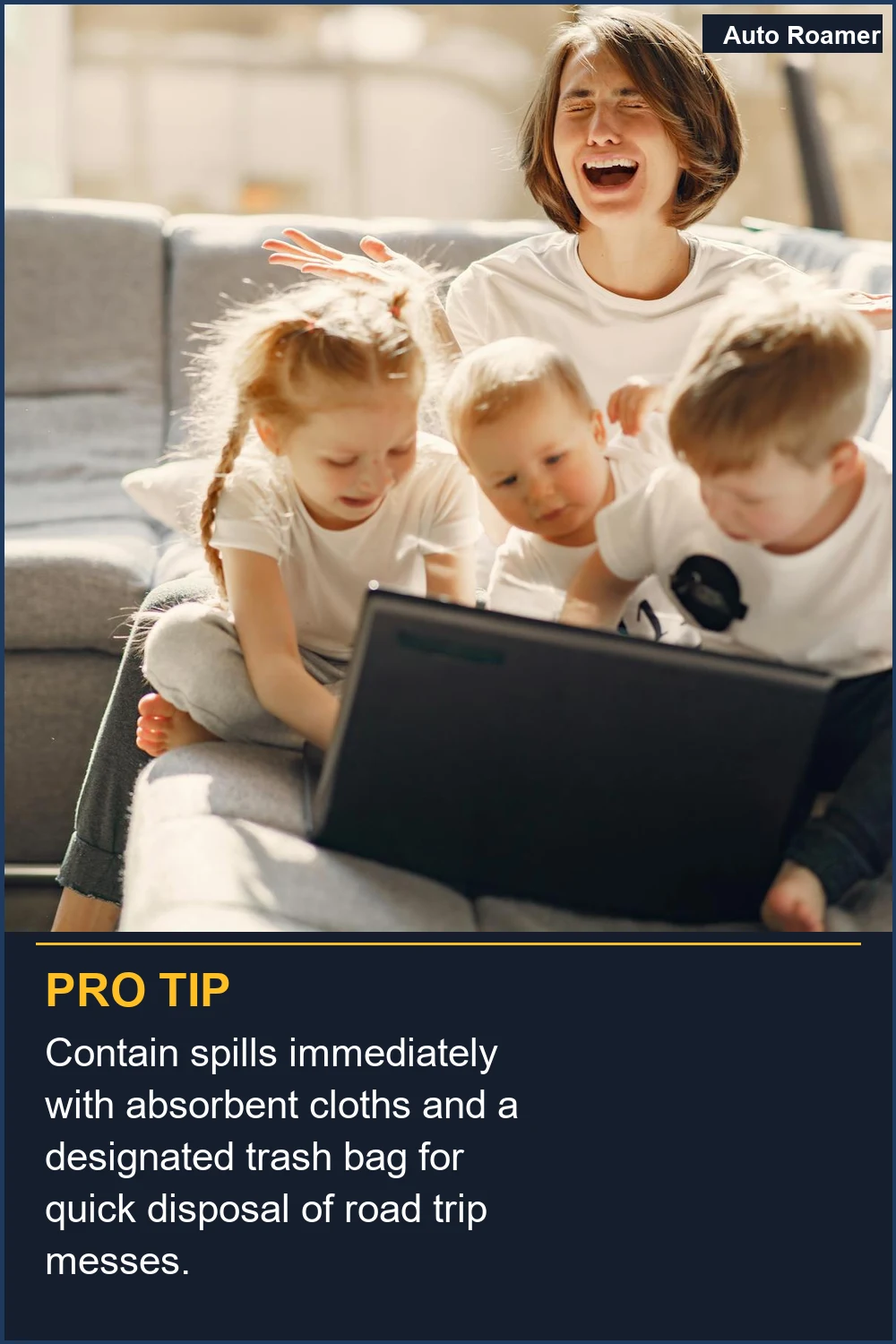 Contain spills immediately with absorbent cloths and a designated trash bag for quick disposal of road trip messes.