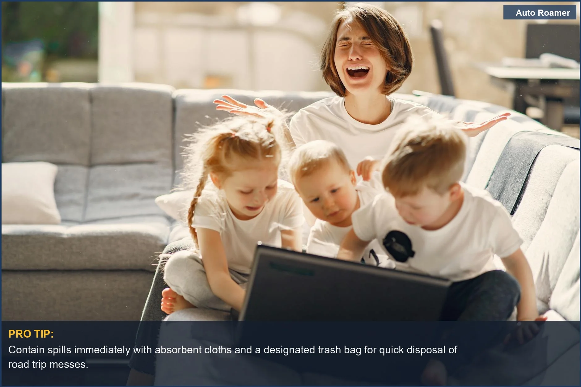 Stressed mother and kids in a messy living room, a preview of the car smell after road trip chaos.