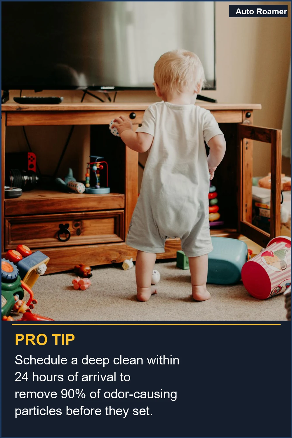 Schedule a deep clean within 24 hours of arrival to remove 90% of odor-causing particles before they set.