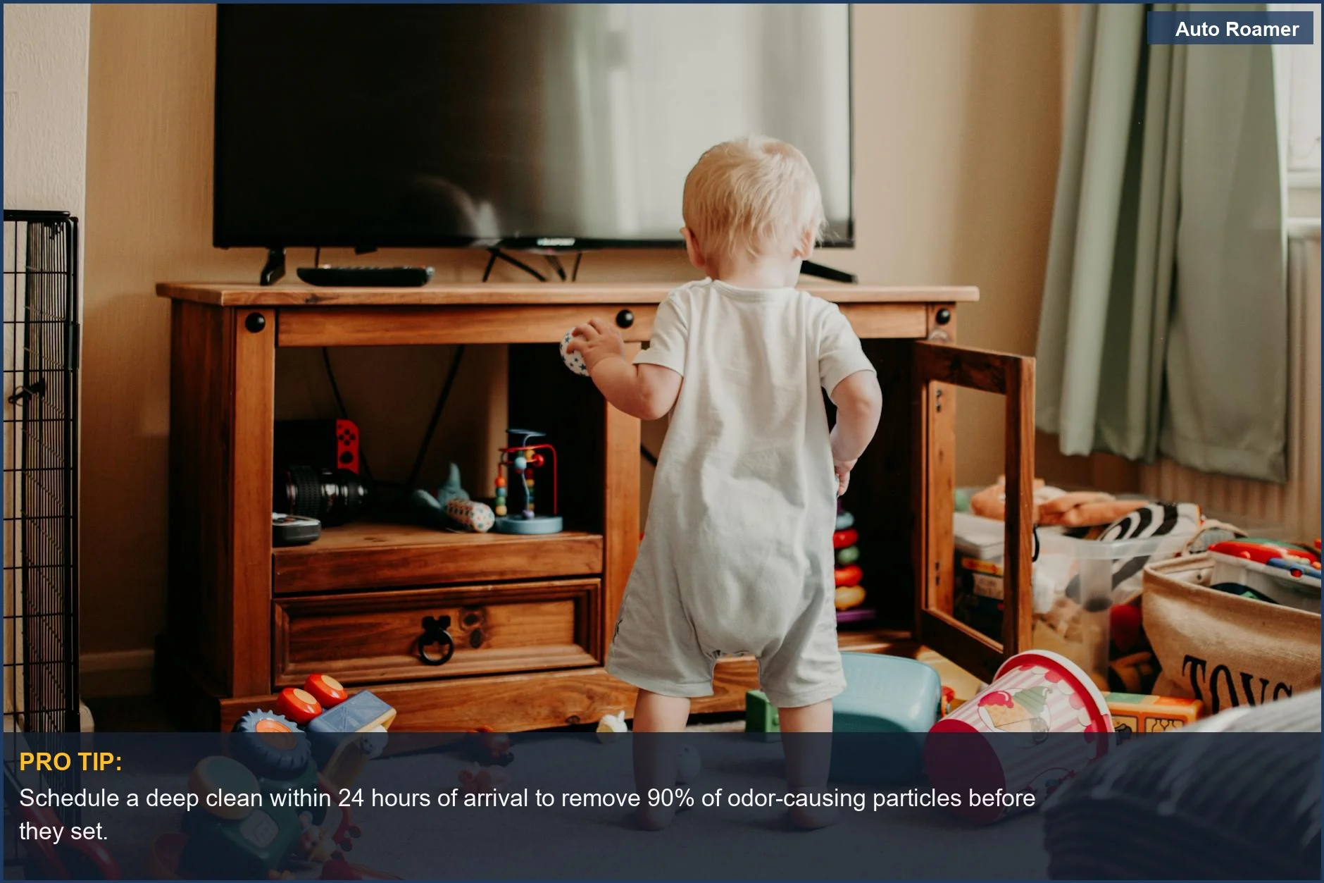 Toddler playing in a colorful, toy-filled living room, mirroring the inside of a car after a trip with kids.