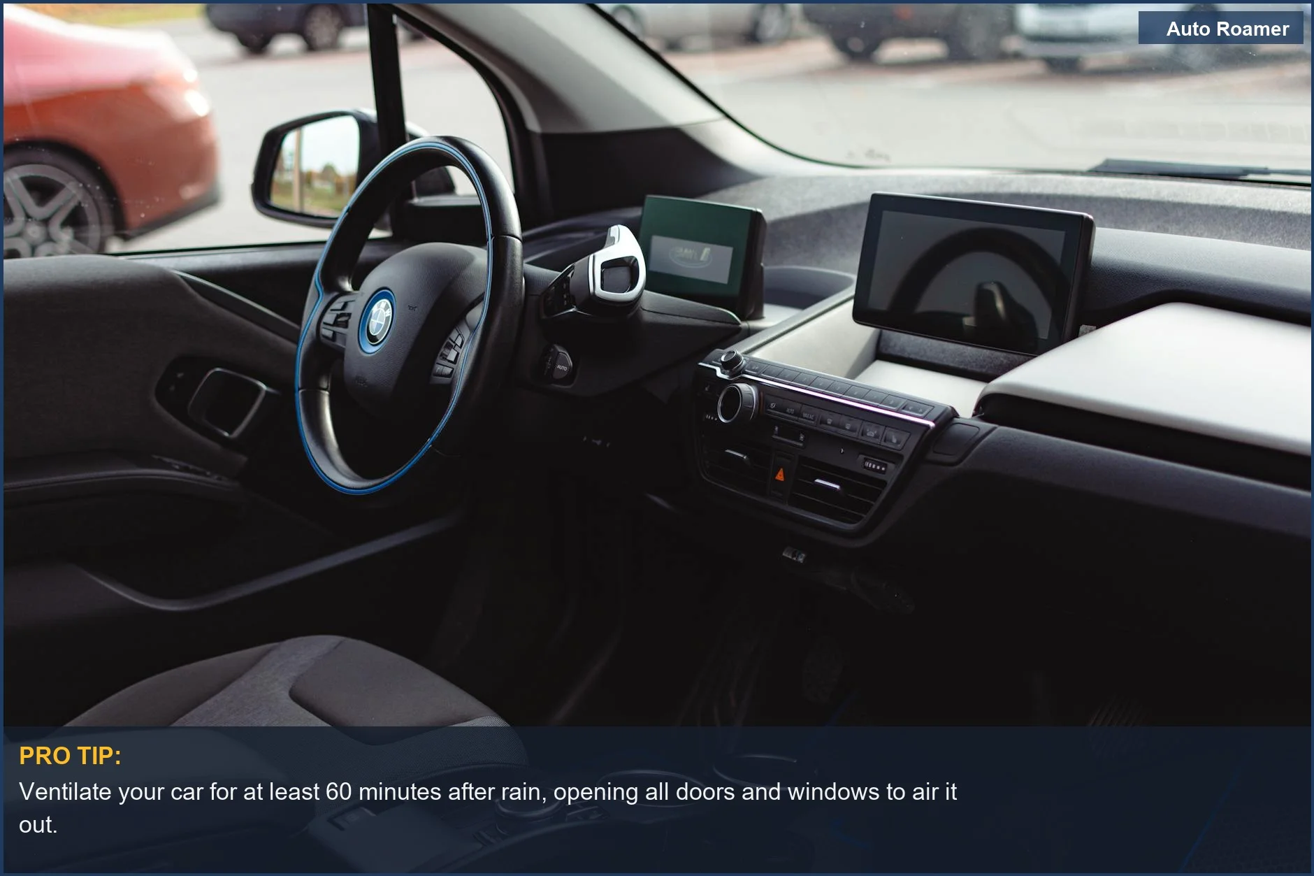 Sleek, modern car interior with a clean dashboard, ready for ventilation to combat car smells after rain.