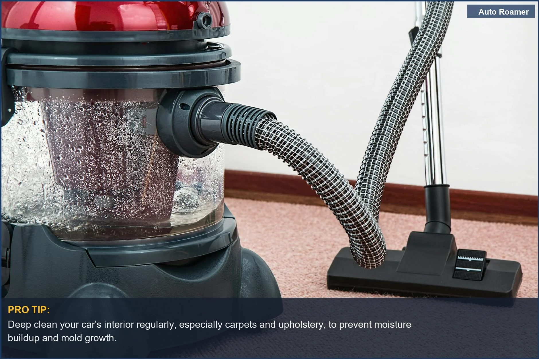 Modern vacuum cleaner with water filtration on a damp carpet, tackling a musty car smell after rain.