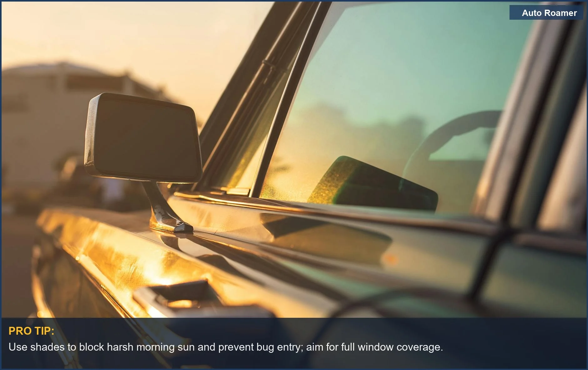 Sunset reflected on car window, highlighting sun protection car benefits for camping.