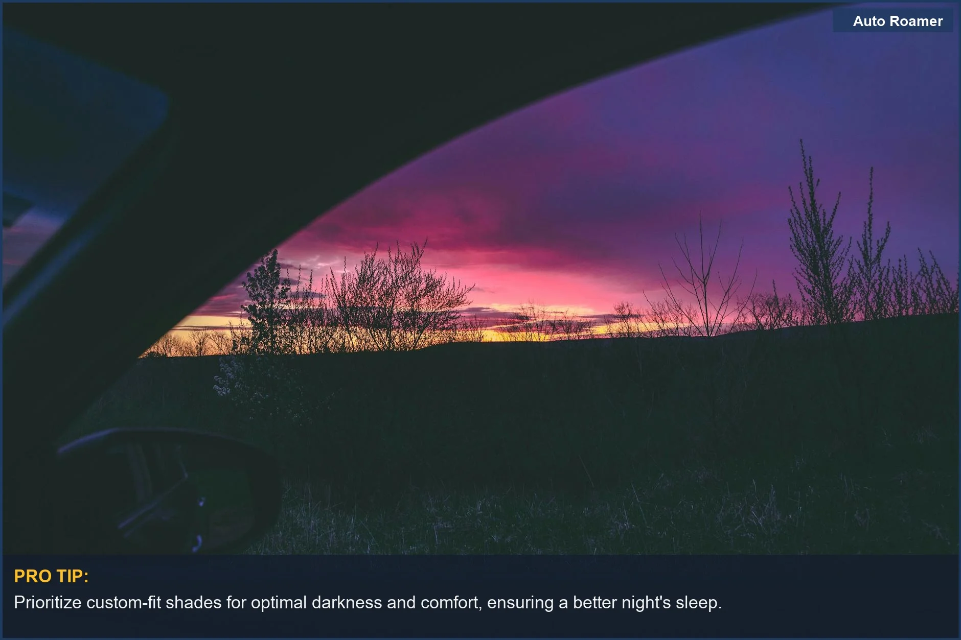 Vibrant sunset seen through car window, showcasing car camping benefits.