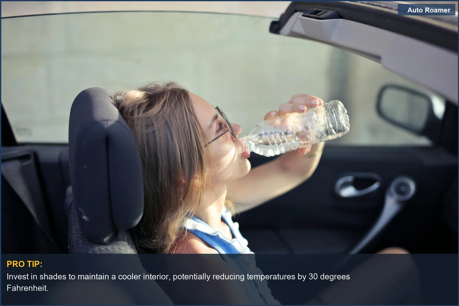 Woman drinking water in car with open roof, illustrating vehicle camping privacy needs.