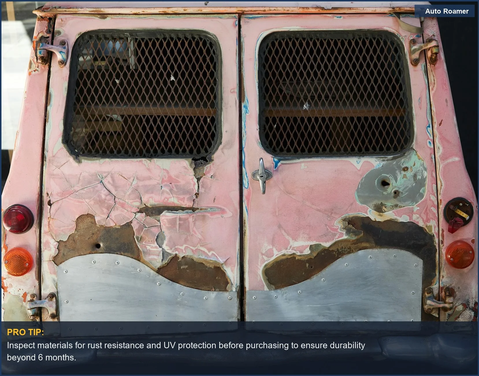 Rusted, damaged old car exterior with broken taillights and scratched windows, illustrating cheap car accessories breaking.