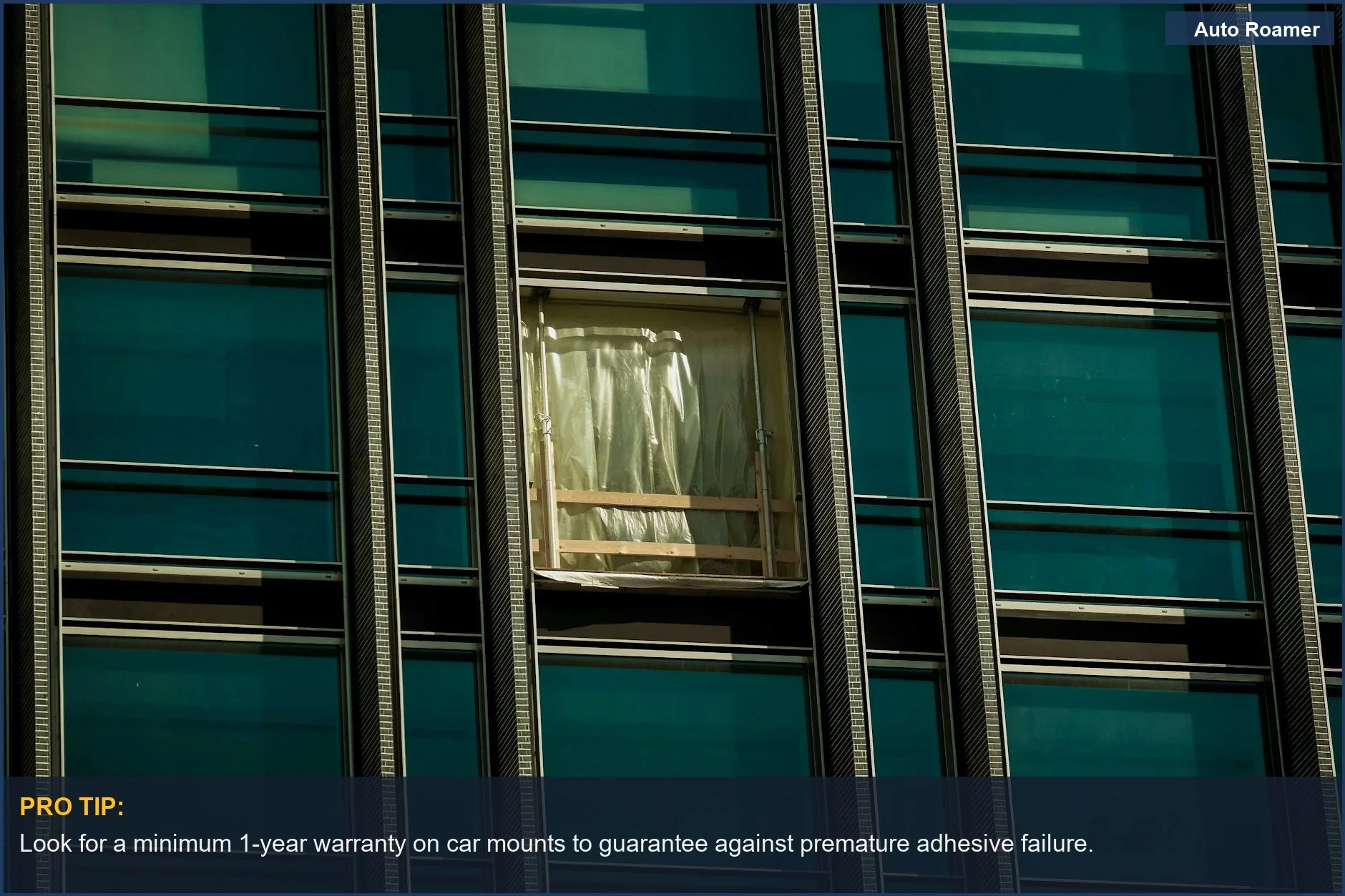 Modern skyscraper facade with a broken window covered by plastic, reflecting how cheap car accessories break prematurely.
