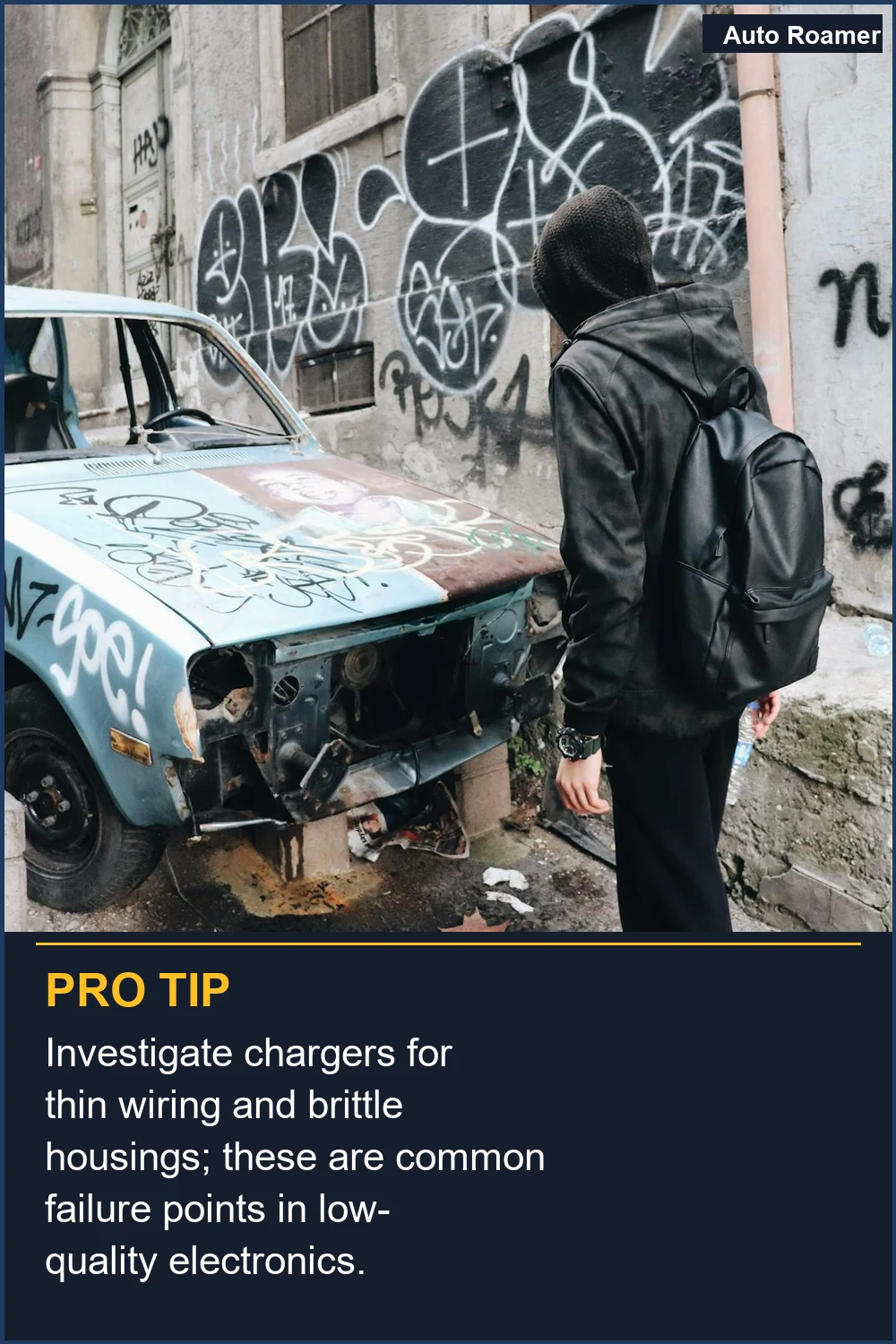 Investigate chargers for thin wiring and brittle housings; these are common failure points in low-quality electronics.