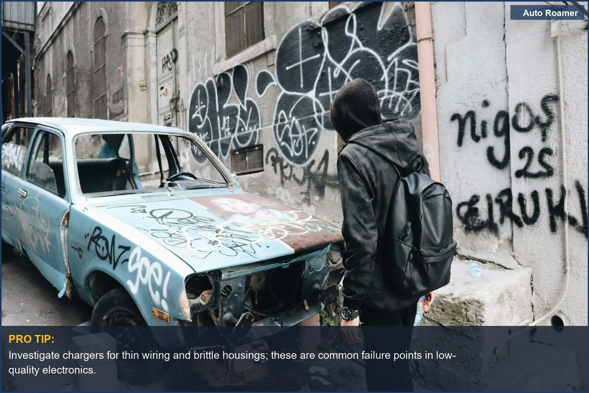 Man by abandoned car in urban setting, symbolizing the widespread issue of failing car accessories.