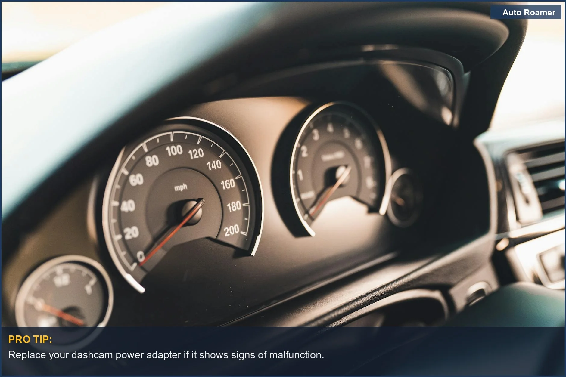 Focused view of automotive dashboard gauges, illustrating potential dashcam issues.