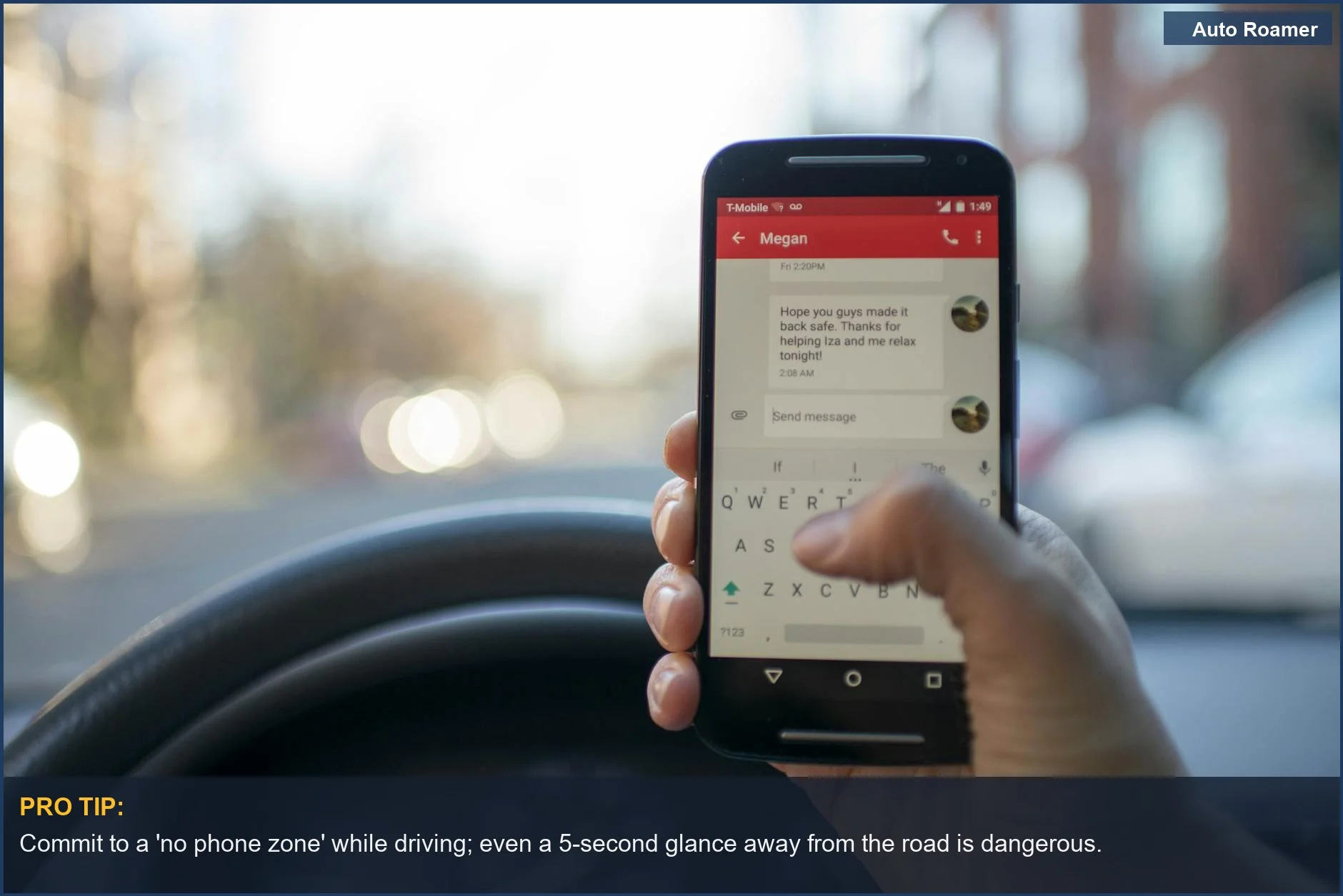 Person texting on smartphone while driving, a dangerous habit contributing to accidents near home.