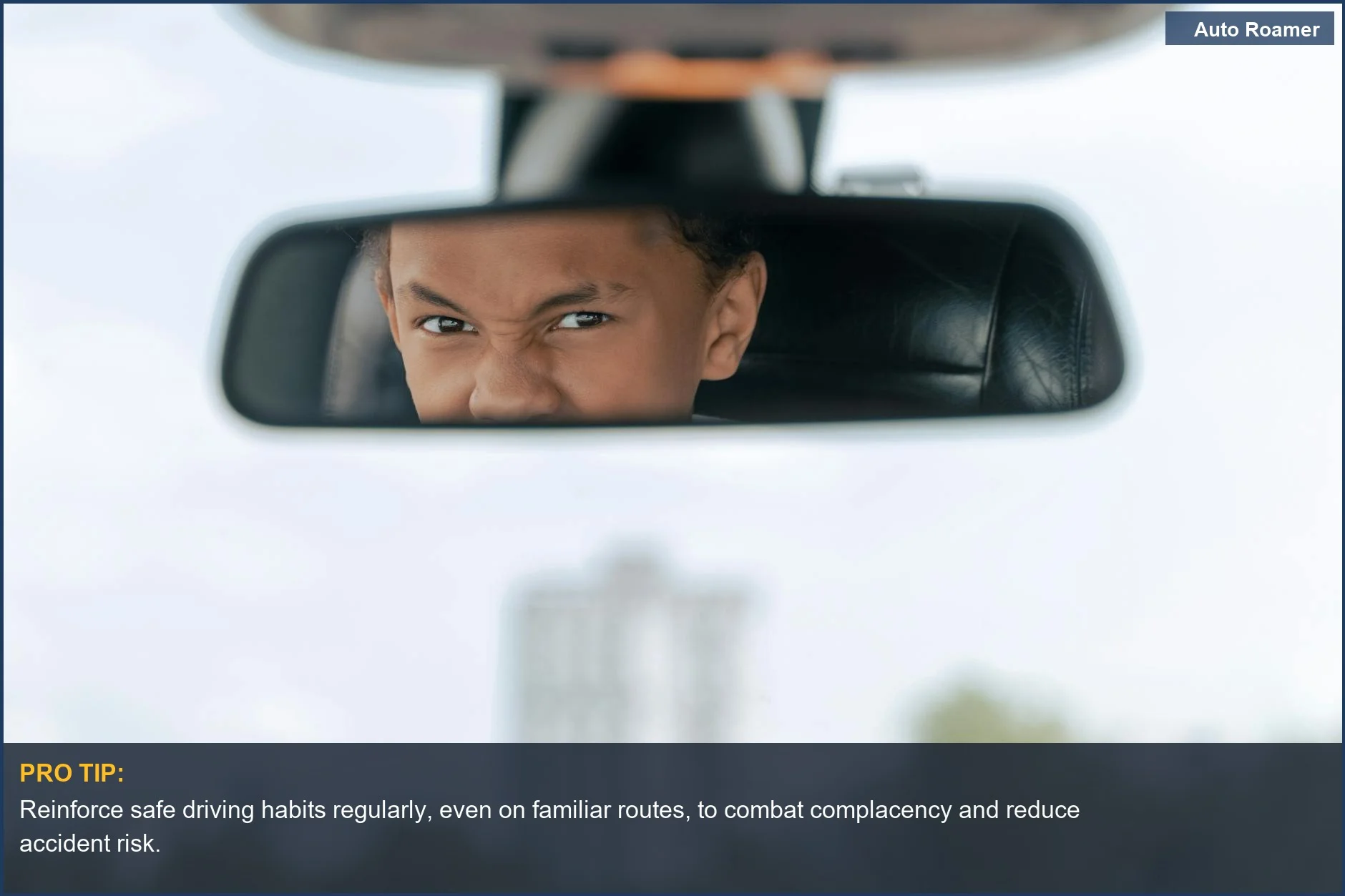 Teenager practicing driving, looking in rearview mirror, a common reason car accidents happen close to home.