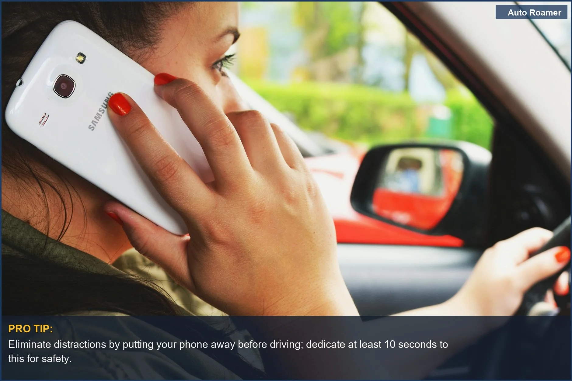 Woman distracted by smartphone while driving, a key factor in why most car accidents happen near home.