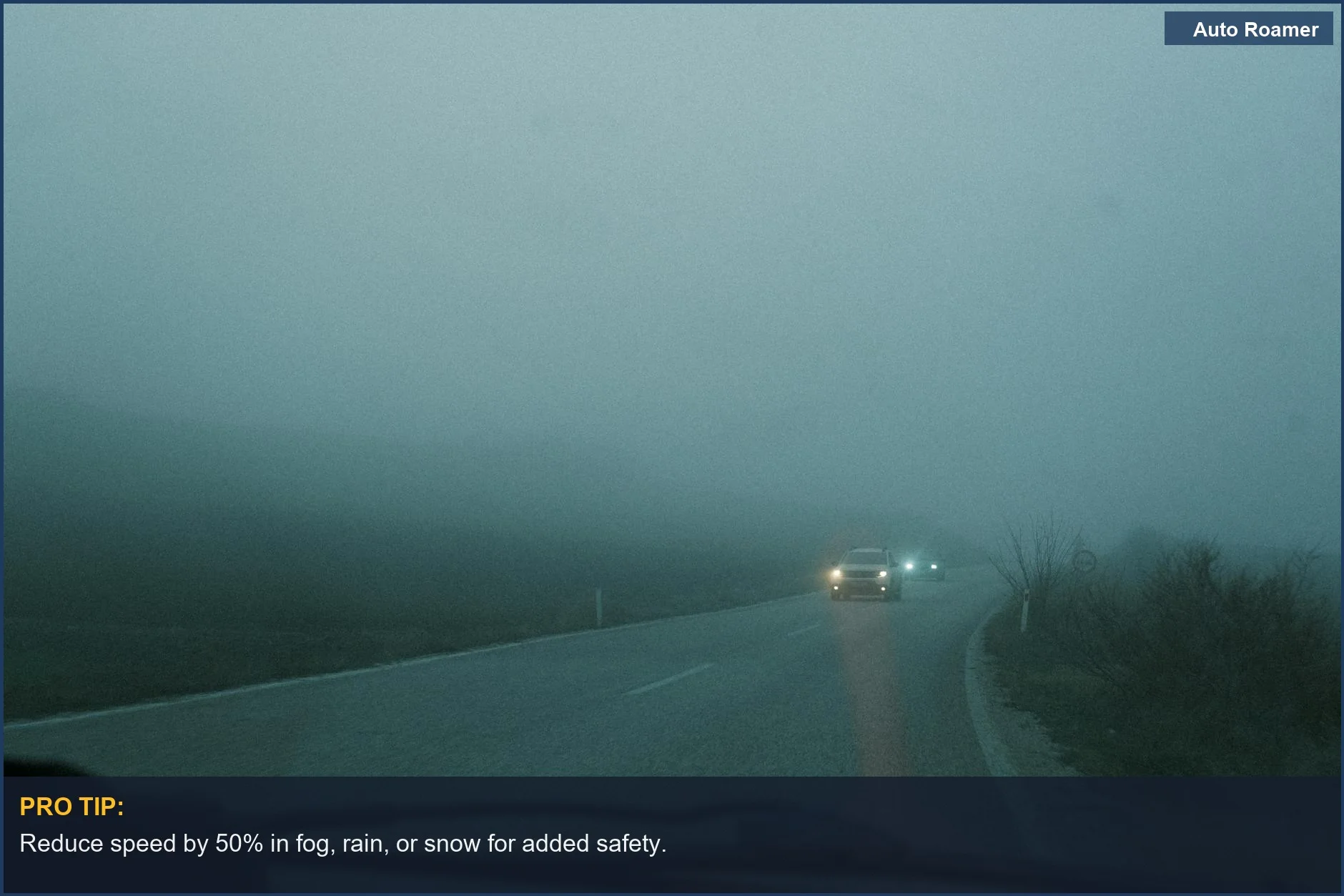Low visibility on a foggy road due to tailgating at dawn.