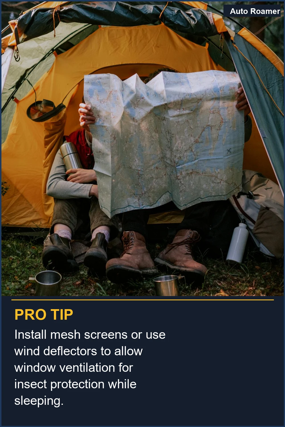 Install mesh screens or use wind deflectors to allow window ventilation for insect protection while sleeping.