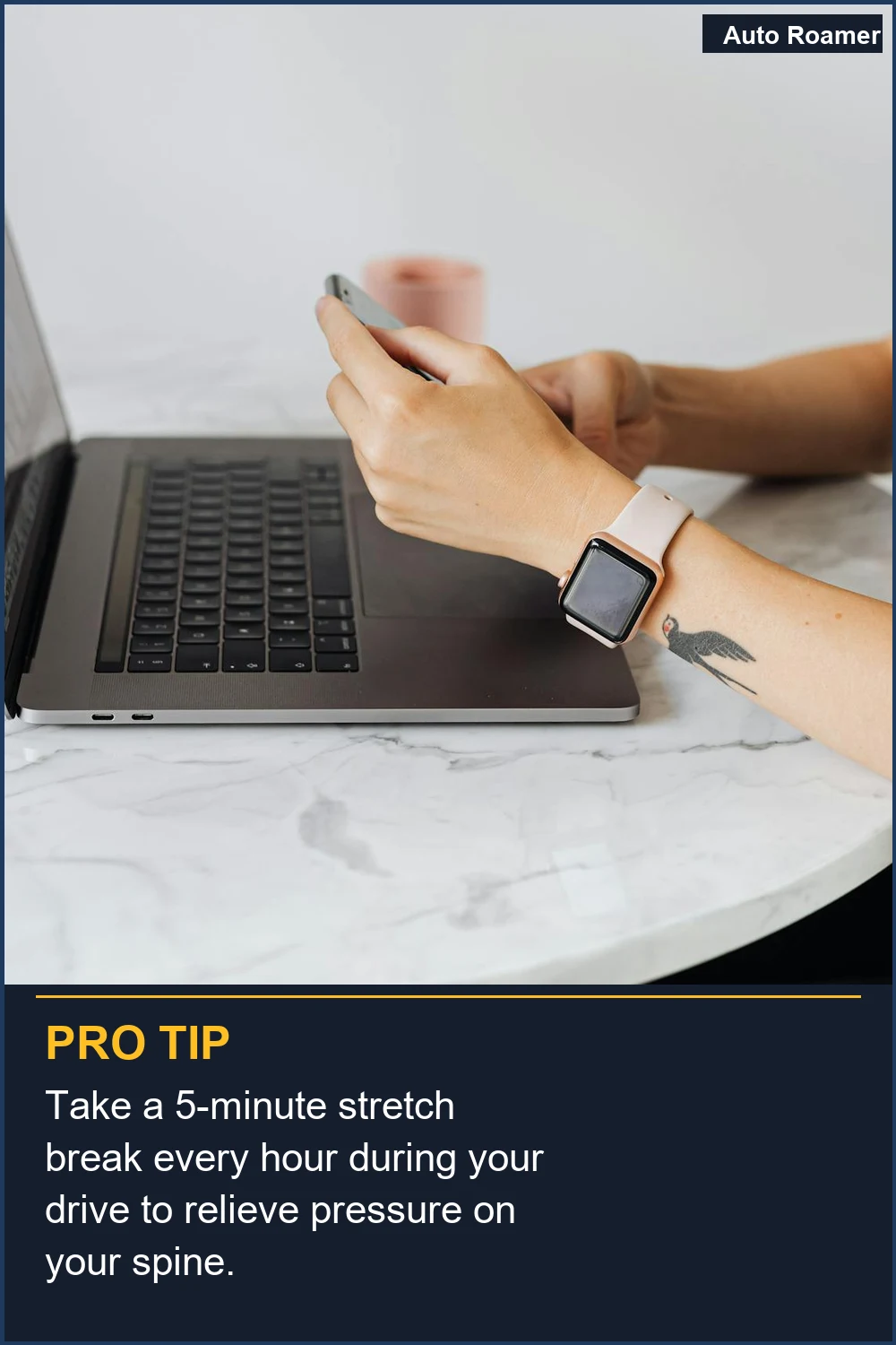 Take a 5-minute stretch break every hour during your drive to relieve pressure on your spine.