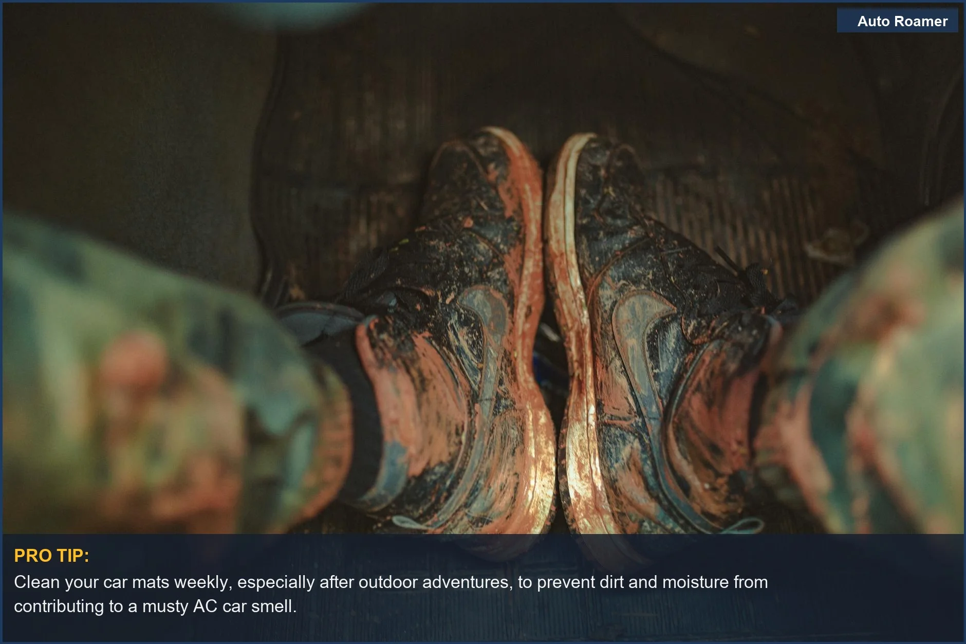 Muddy sneakers on car floor mats, illustrating how outside elements can cause a musty AC car odor.
