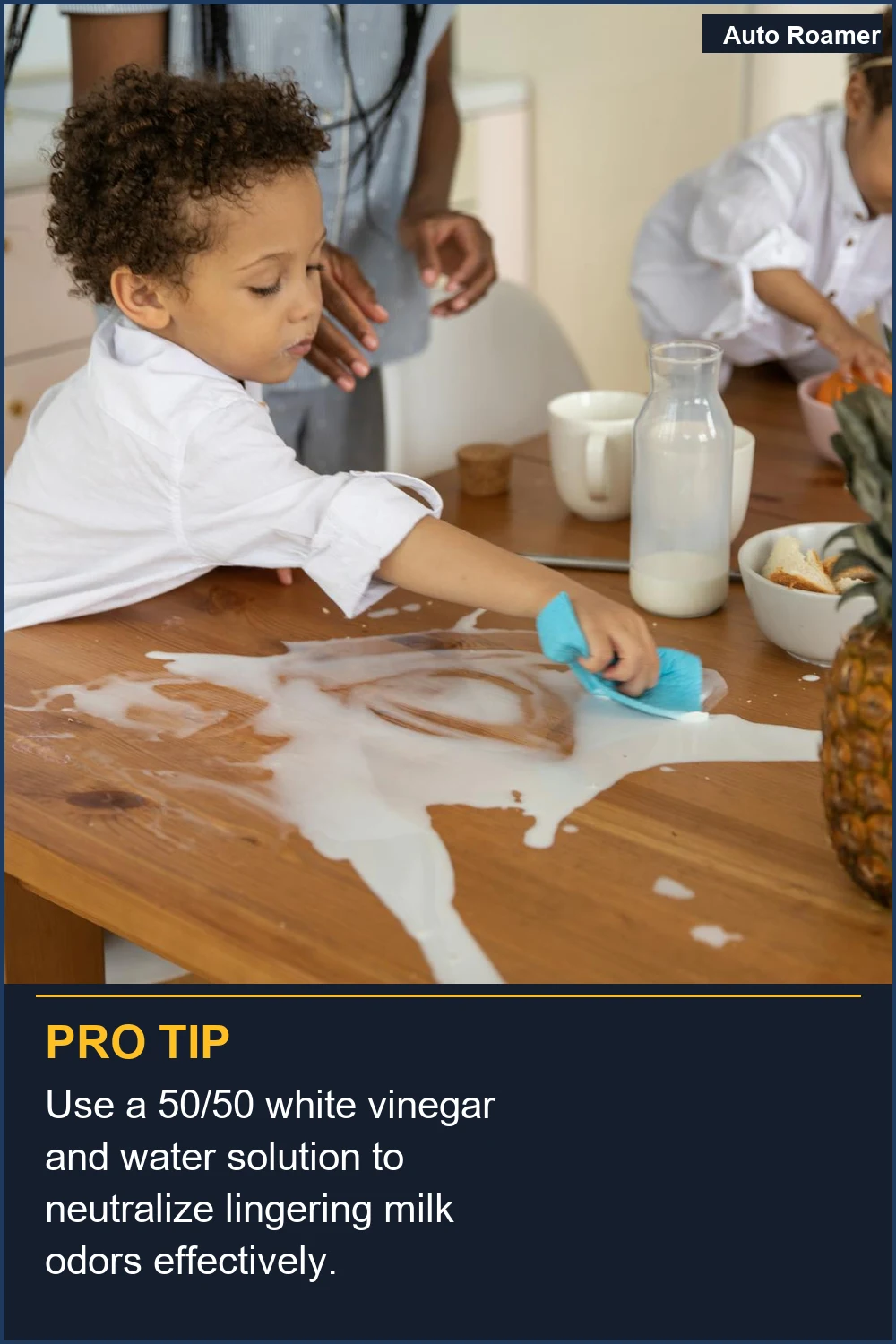 Use a 50/50 white vinegar and water solution to neutralize lingering milk odors effectively.