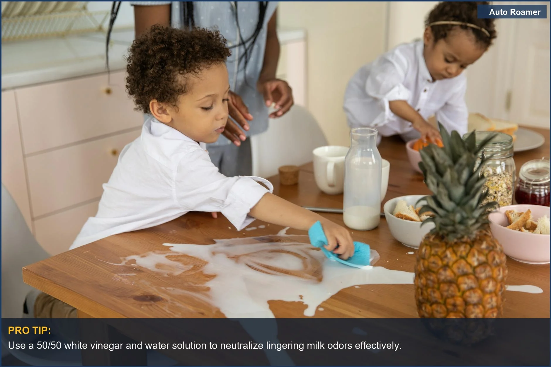 Children cleaning a milk spill, illustrating quick action to prevent why cars smell terrible after travel.