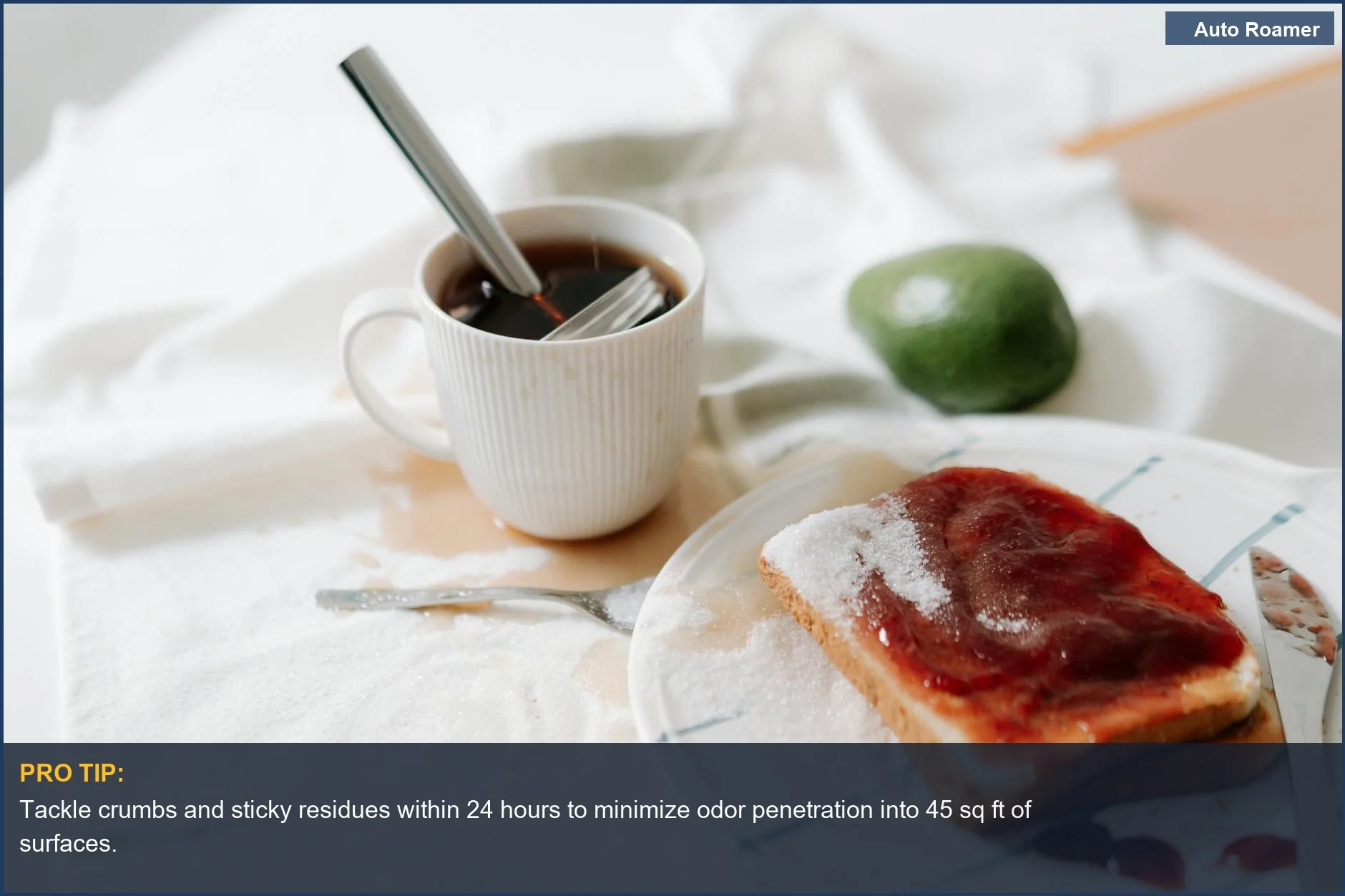 Messy breakfast scene with spilled sugar, highlighting how food debris contributes to why cars smell terrible.