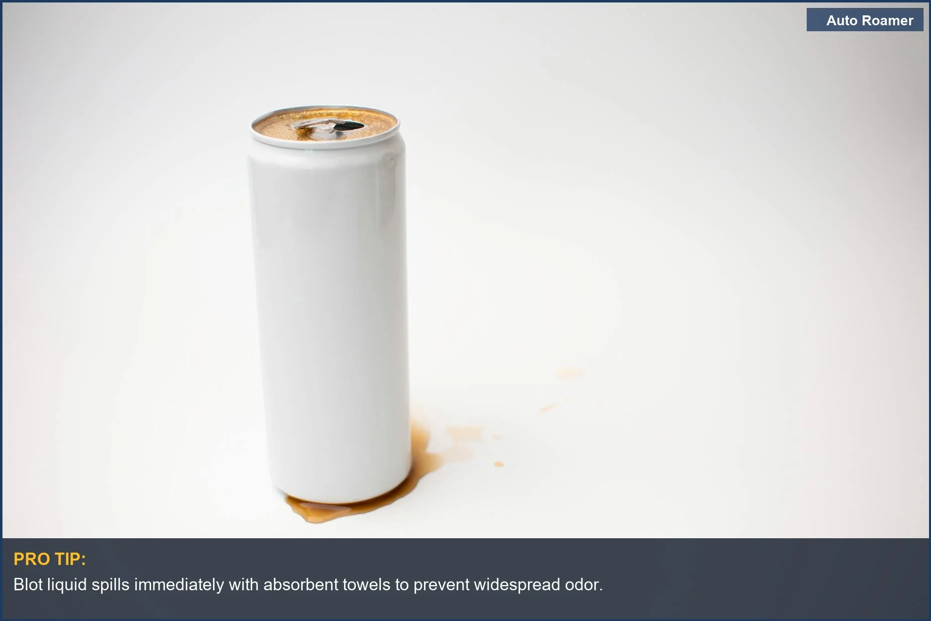 Spilled beverage can on white background, a common cause of why cars smell terrible after road trips.