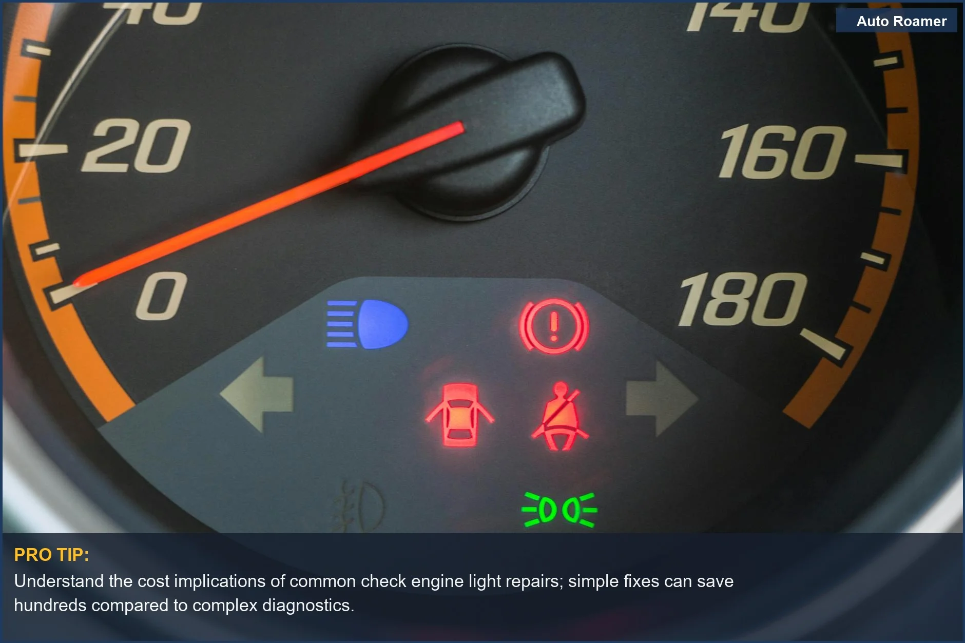 Illuminated warning lights on a car's speedometer and tachometer, highlighting potential engine problems.