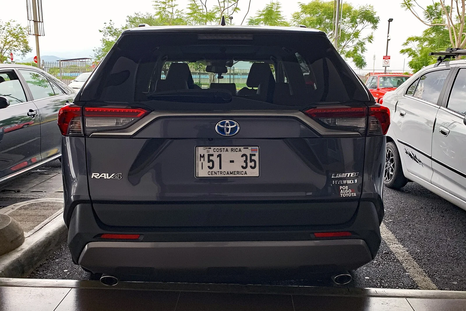 Grey Toyota RAV4, current fifth-generation XA50, rear three-quarter view with roof rails.
