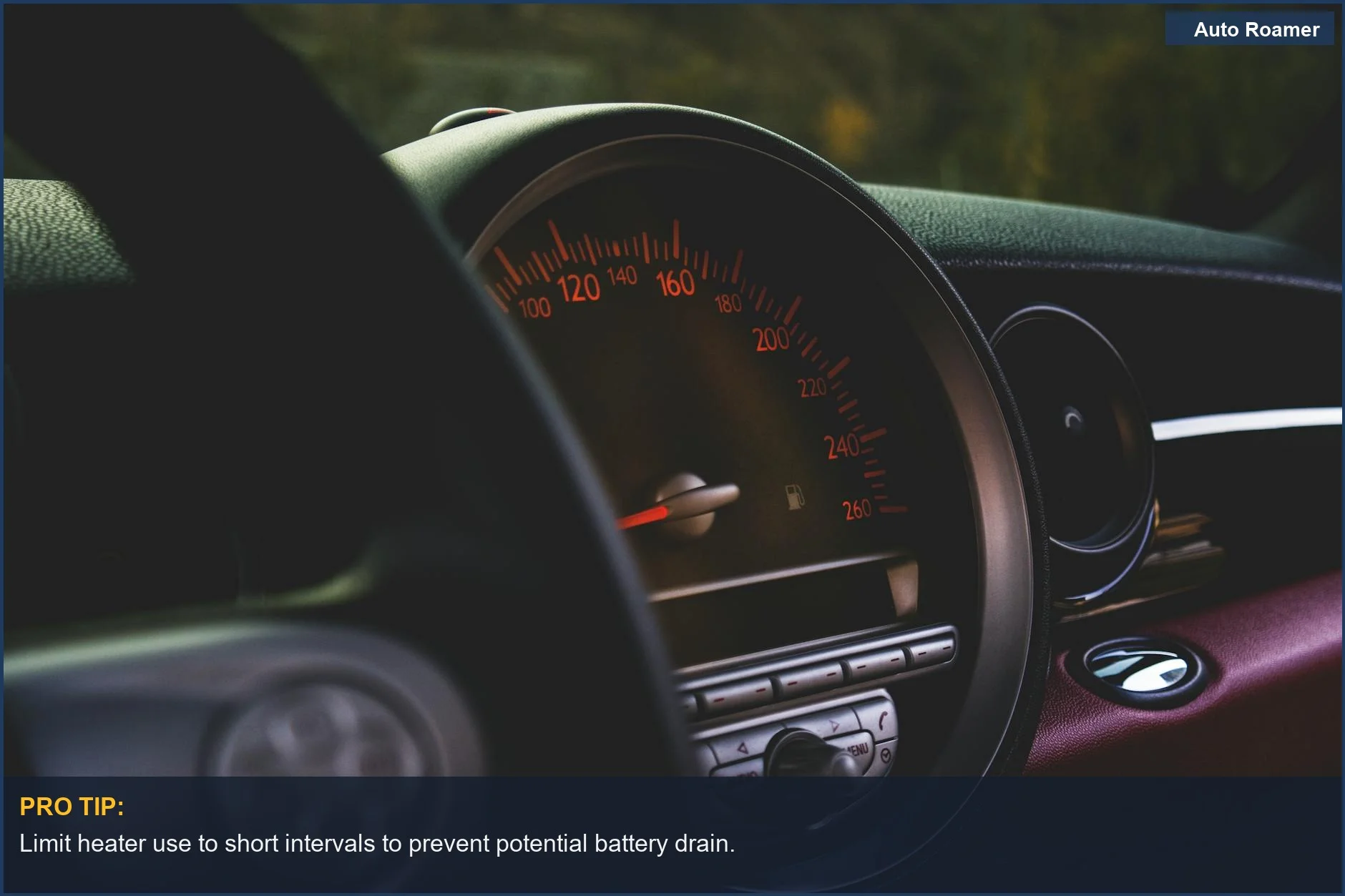 Close-up view of a luxury car's dashboard, emphasizing vehicle safety and heating considerations.