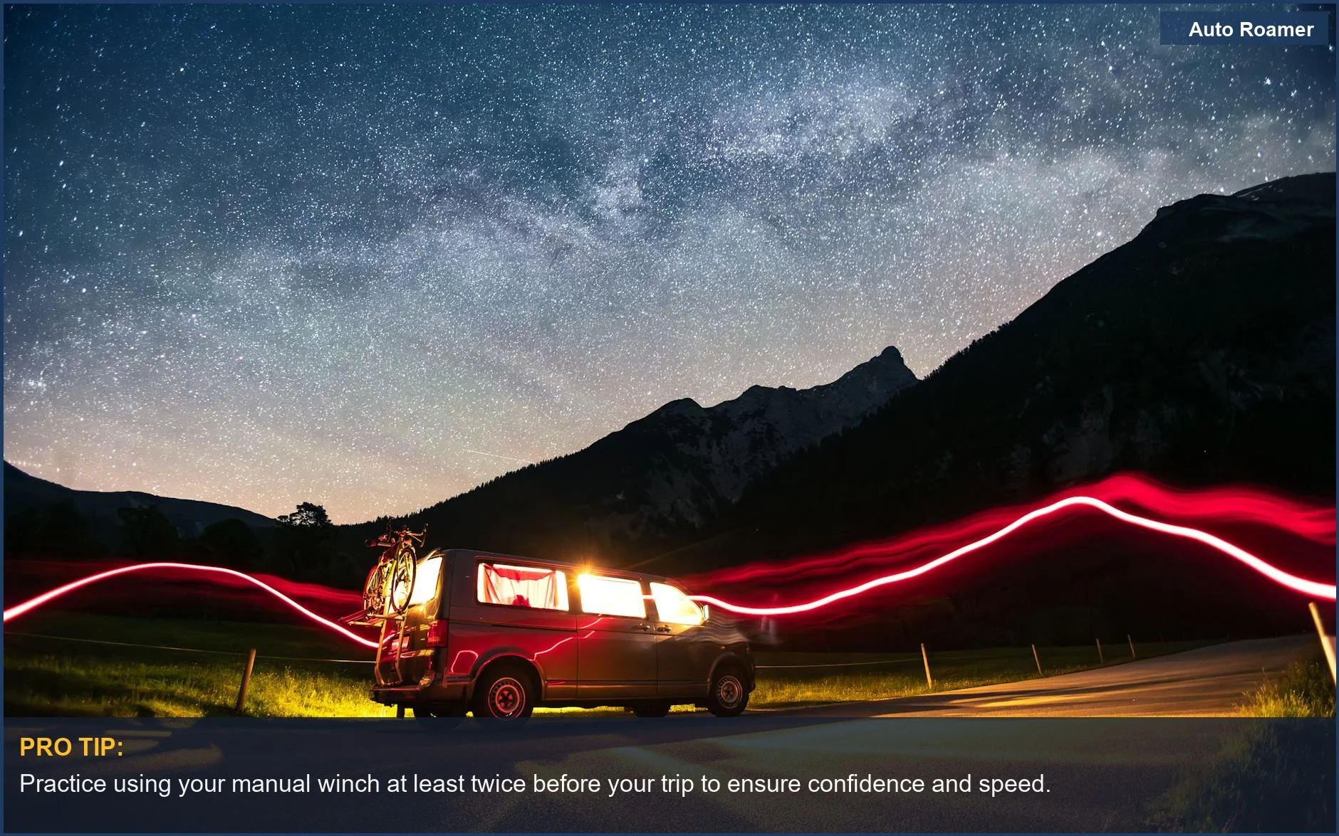 Van and bikes under a starry sky near mountains, showcasing the peace of mind a manual winch offers.