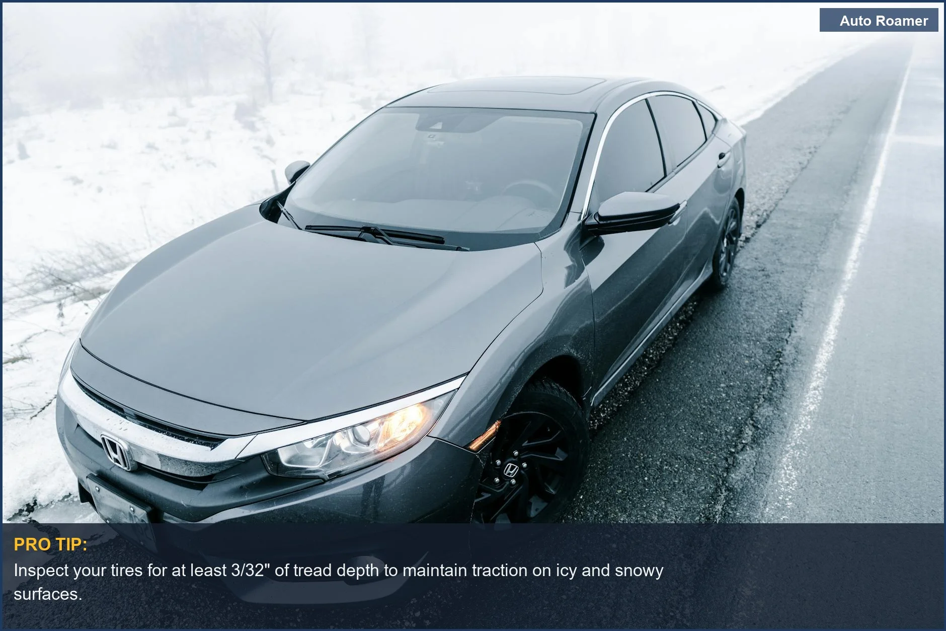 Car parked on foggy snowy road for preventing car breakdowns in winter.
