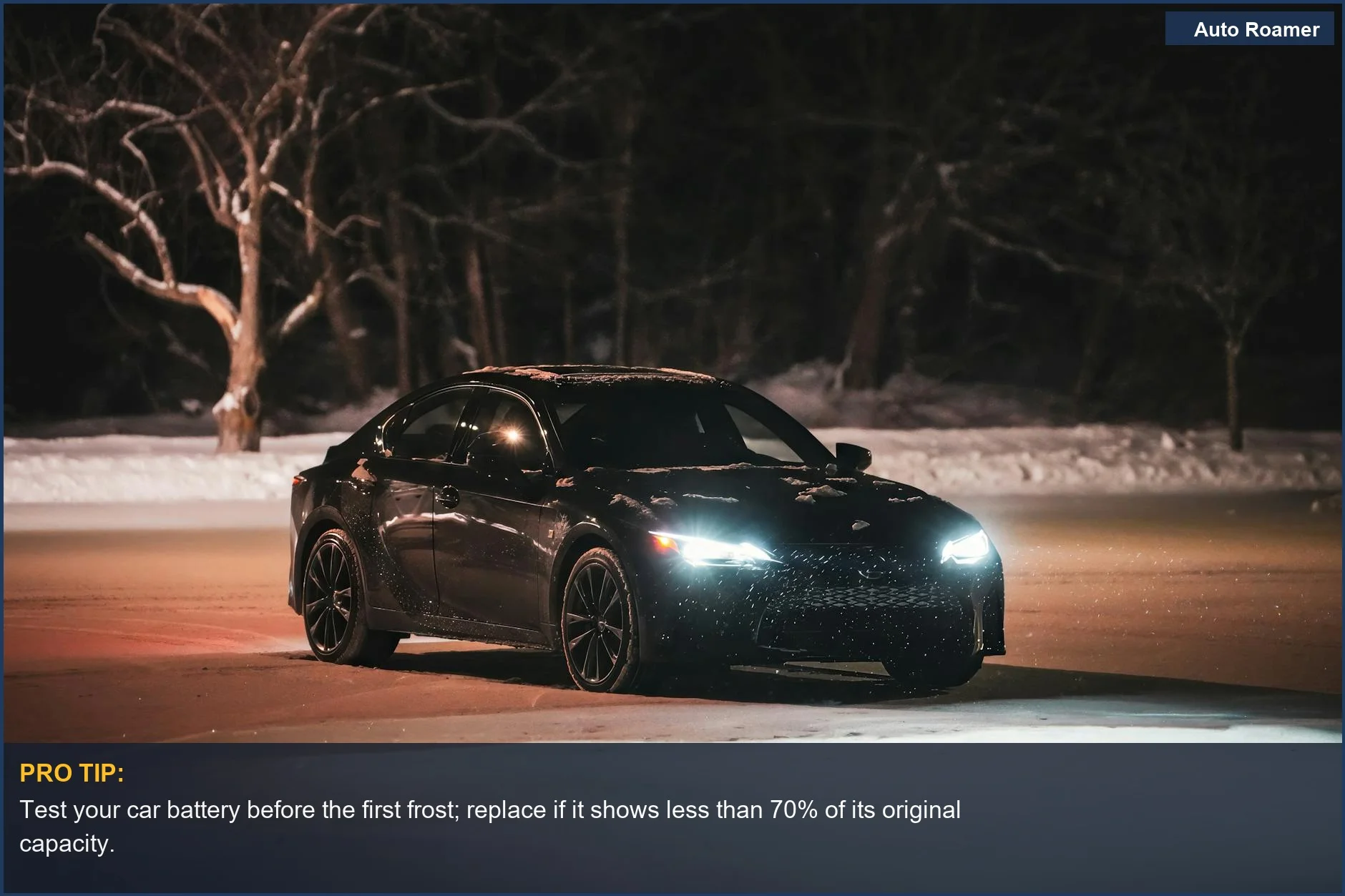 Luxury car driving through snow at night for cold weather car care.