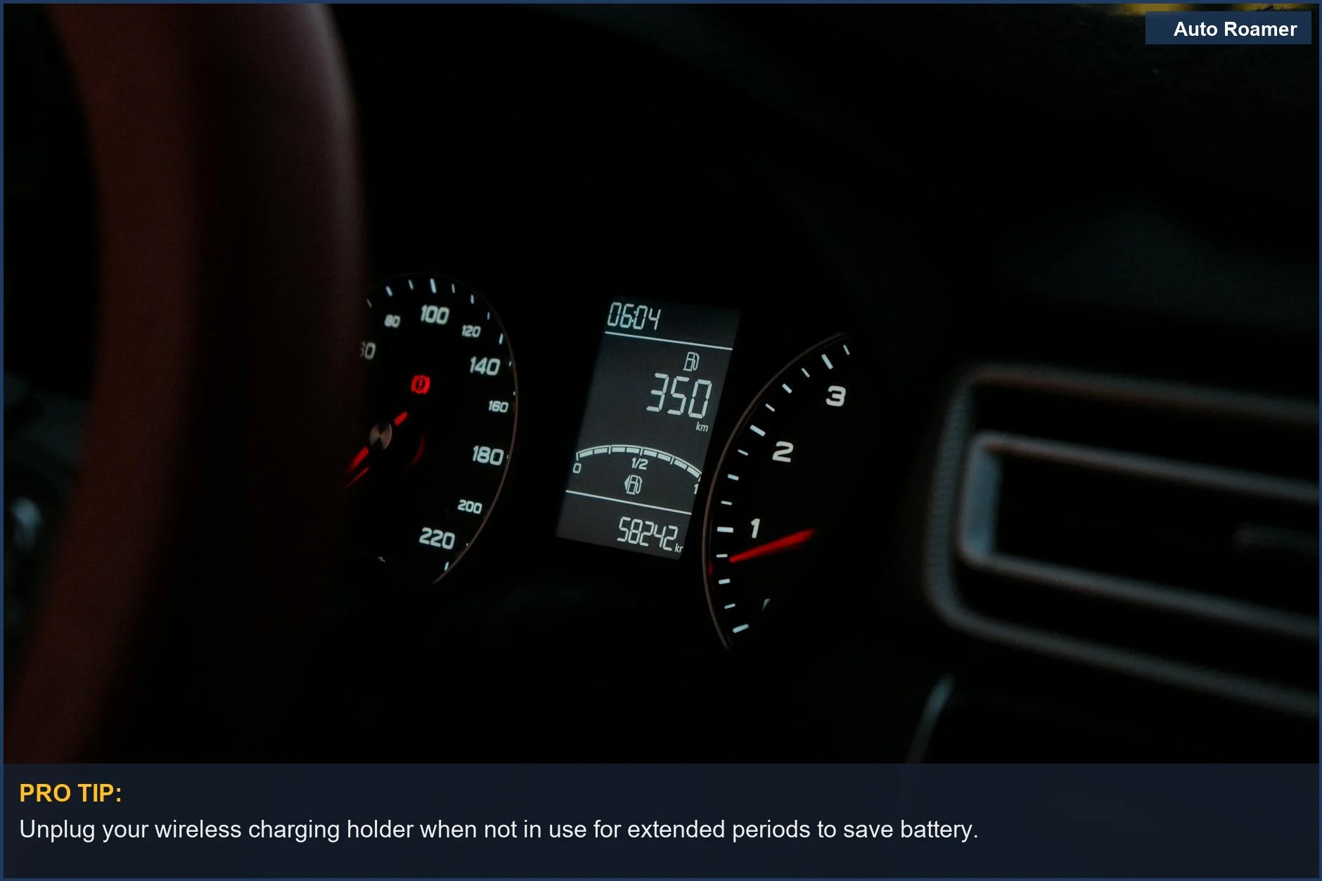 Nighttime view of a car dashboard with speedometer and digital readout, showing subtle car battery drain potential.