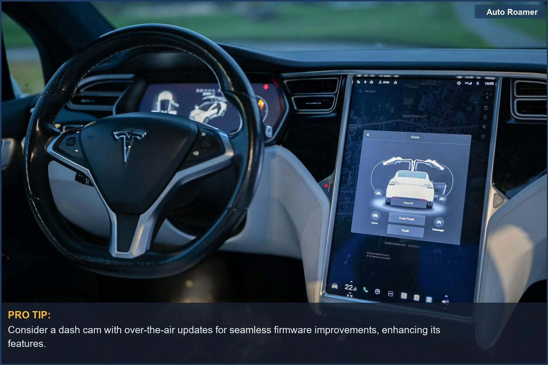 Sleek electric car interior with advanced touchscreen, illustrating modern dash cam technology possibilities.