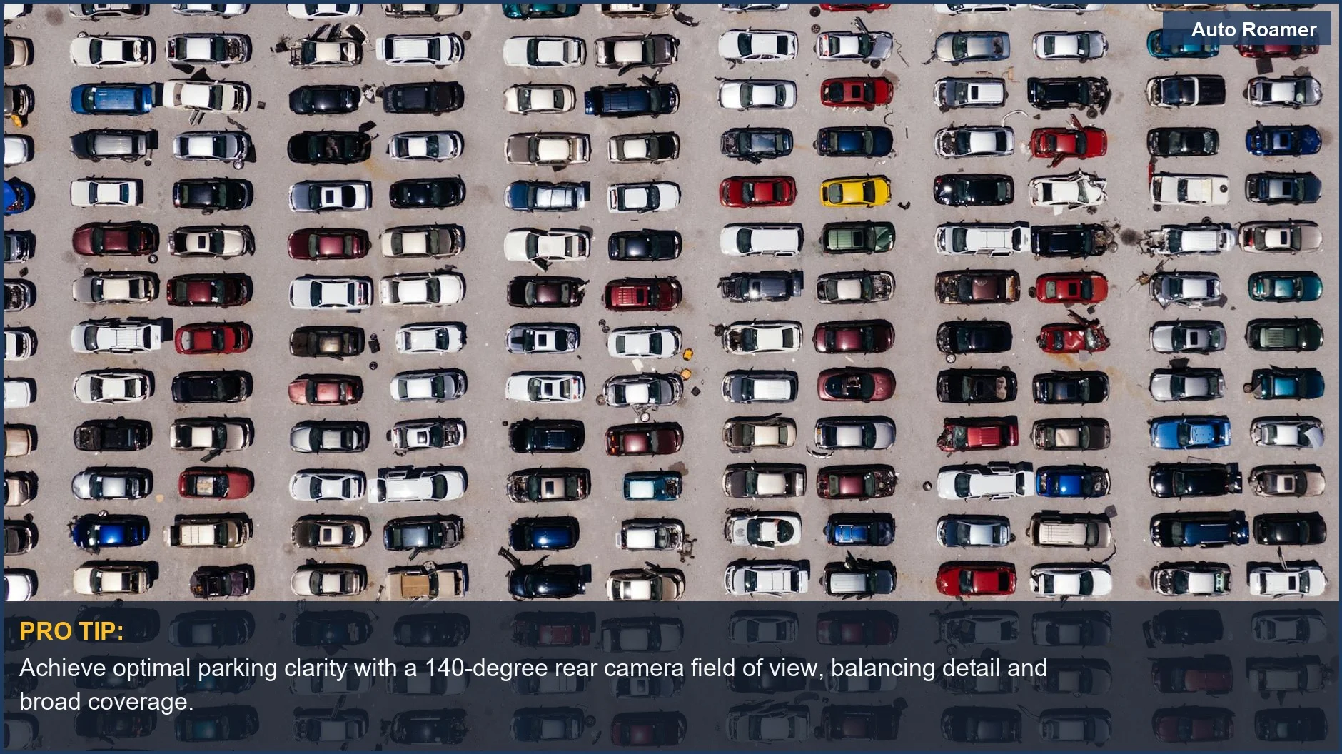 Aerial view of a car parking lot, illustrating how rear camera field of view impacts parking and avoiding obstacles.