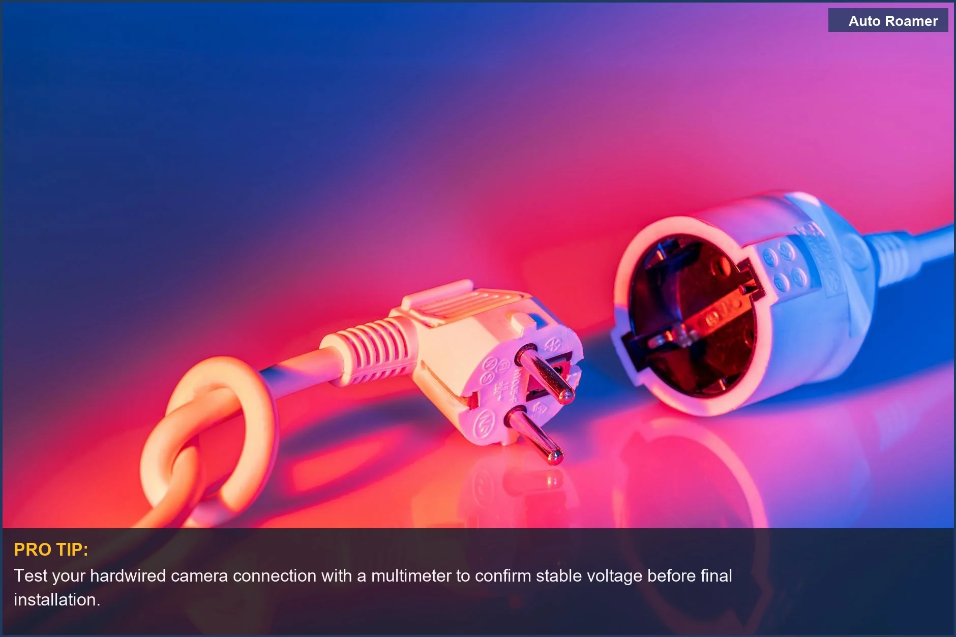 Close-up of electric plug and socket with vibrant lighting, symbolizing energy and rear camera power options.