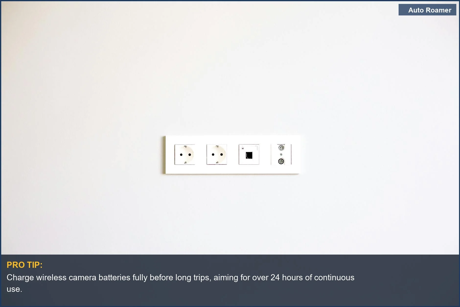 Modern wall outlet array on a bright white wall, illustrating power sources for wireless camera battery systems.