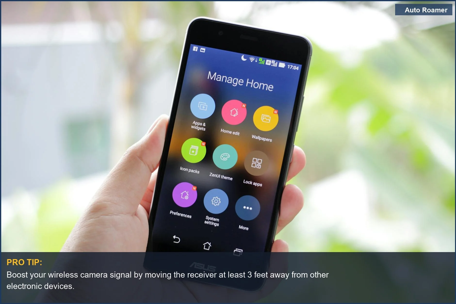 Smartphone displaying home management apps, illustrating wireless camera signal troubleshooting.