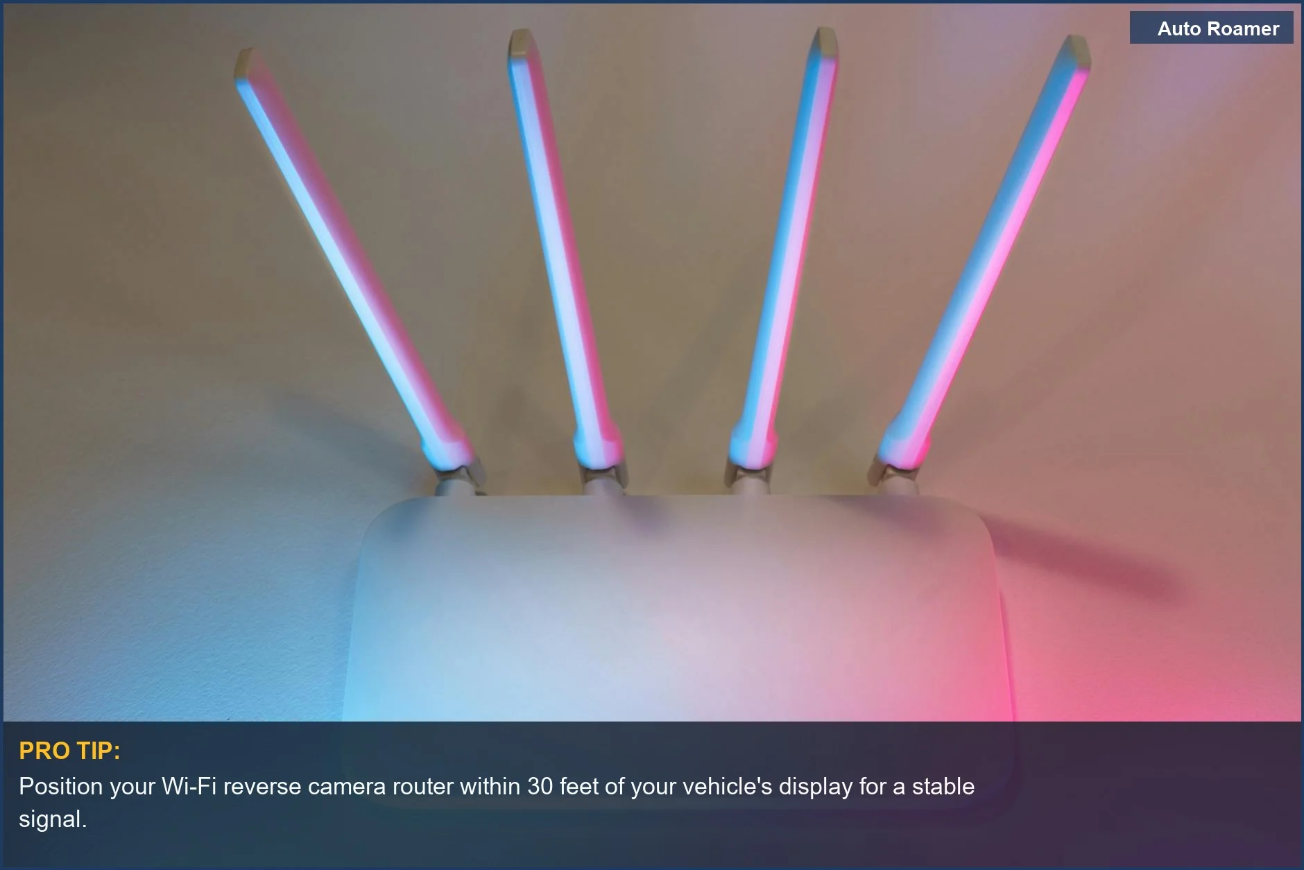 Sleek white wireless router with glowing antennas, symbolizing the Wi-Fi reverse camera connection.