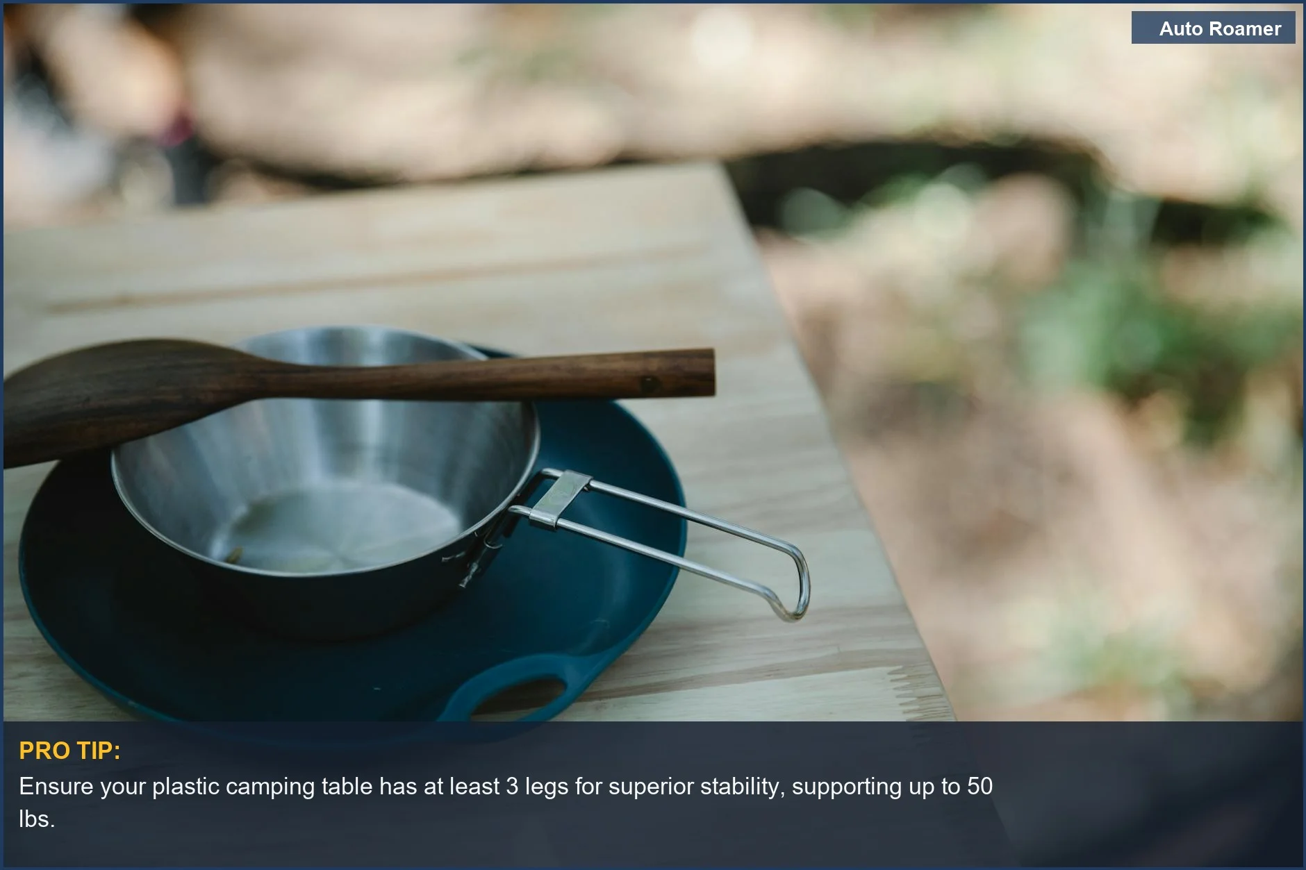 High angle of cooking utensils on a plastic plate, highlighting the stability of a camping table.