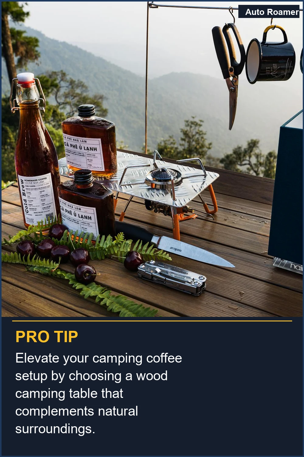 Elevate your camping coffee setup by choosing a wood camping table that complements natural surroundings.