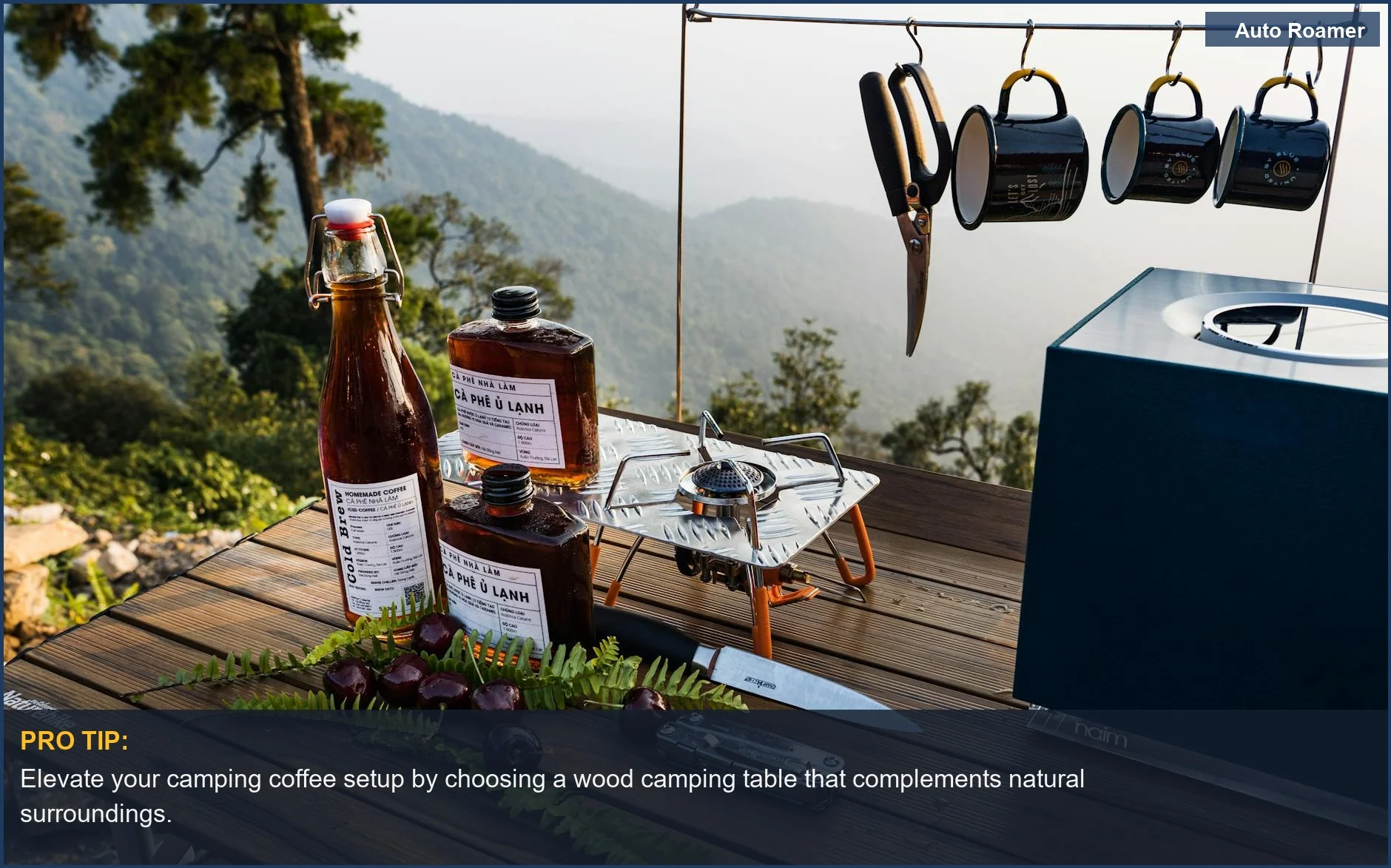 Enjoy a morning coffee on a rustic wood camping table with mountain views in Vietnam.