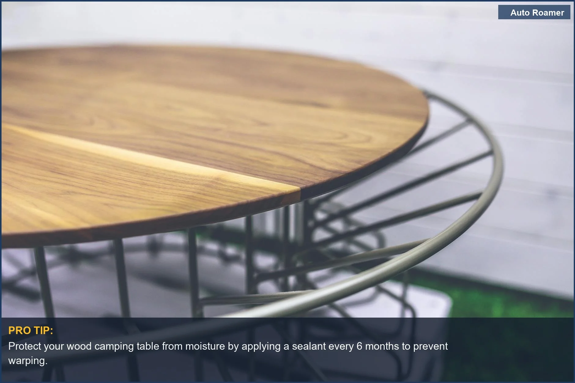 Stylish wood camping table with a sturdy metal frame, ideal for modern outdoor dining.