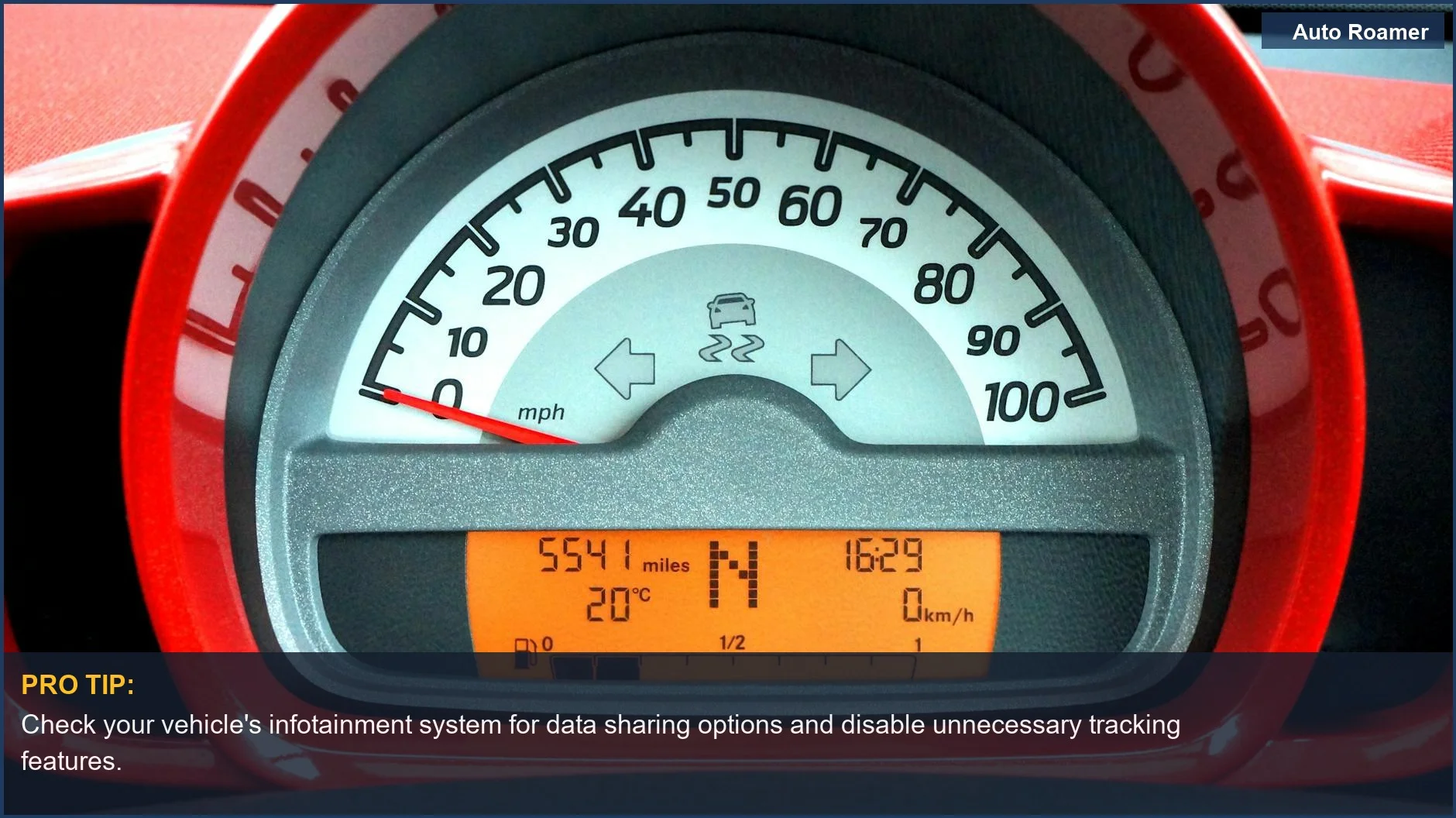 Modern car dashboard with illuminated speedometer, showcasing connected car data privacy concerns.