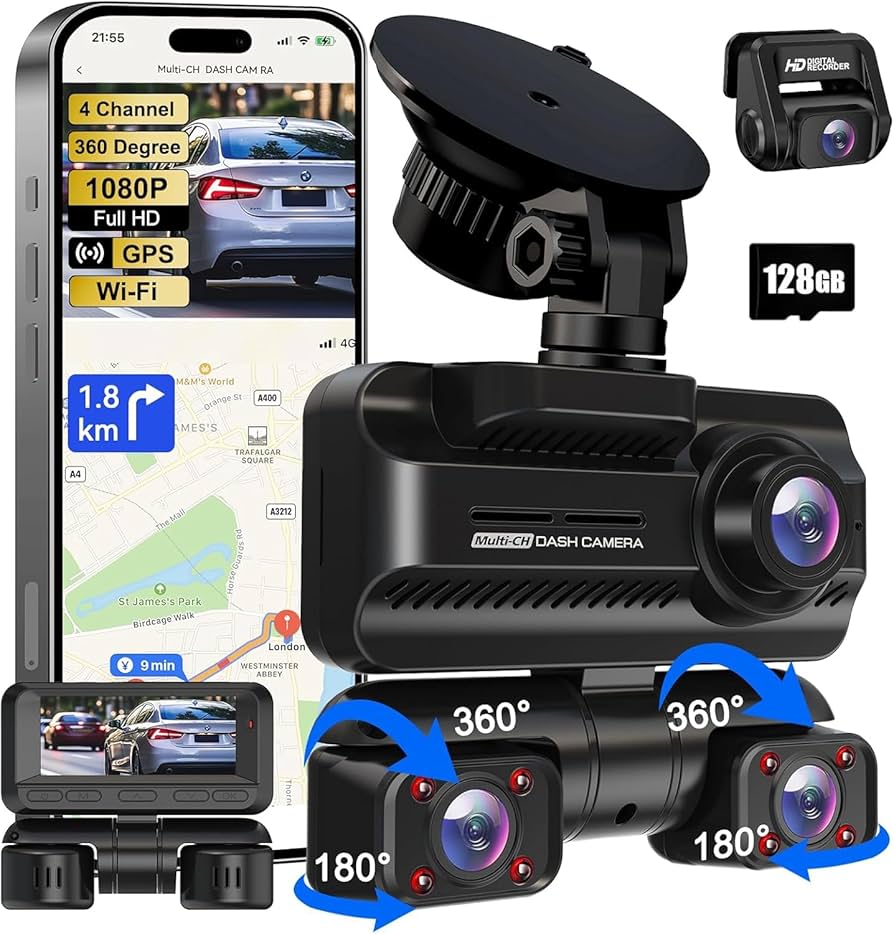 4K 360° Dash Cam for Cars, 4 Channel Front Rear Inside with